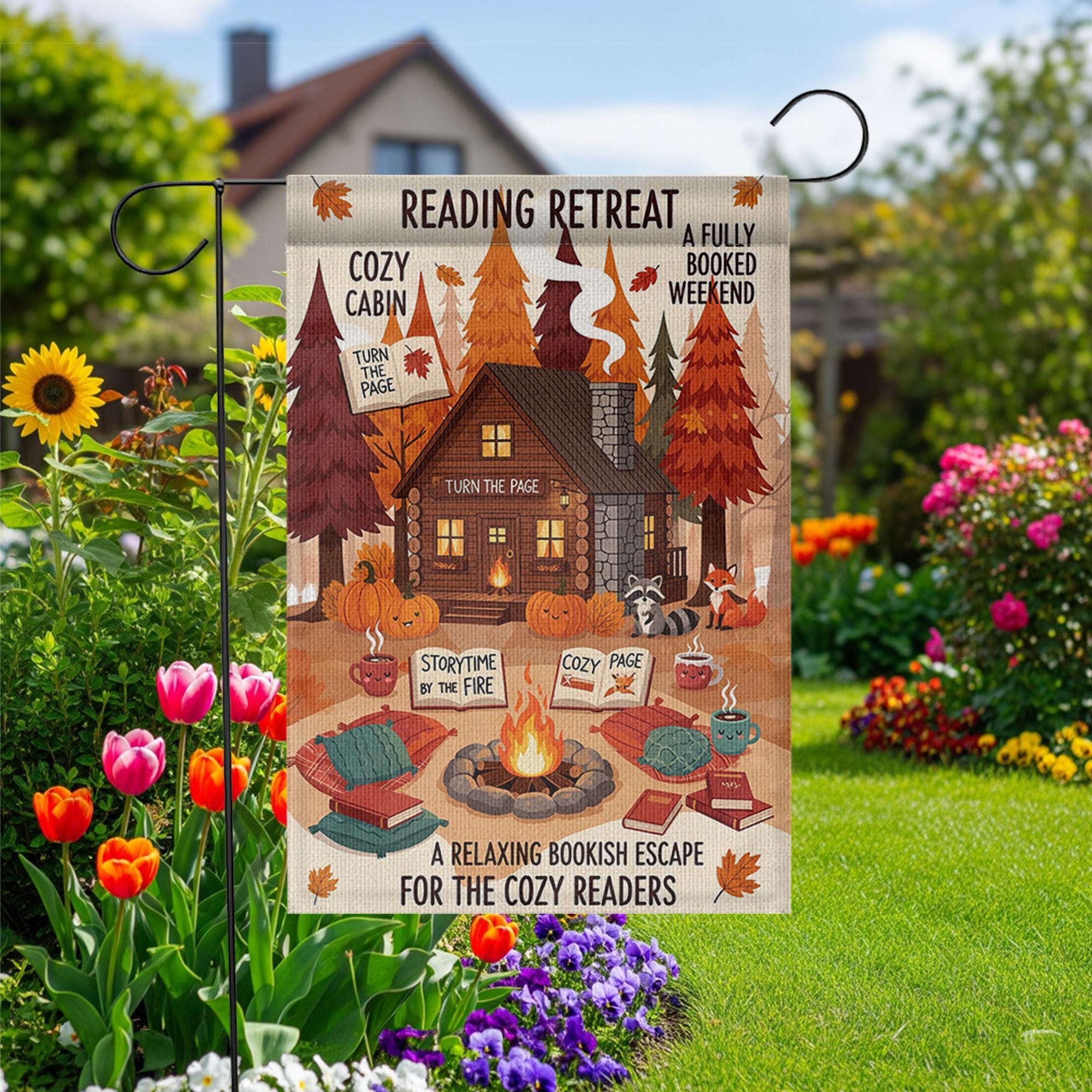 Reading Retreat Garden Flag – Cozy Cabin Fall Book Decor with Campfire, Pumpkins & Storytime – Bookish Yard Sign for Autumn Readers
