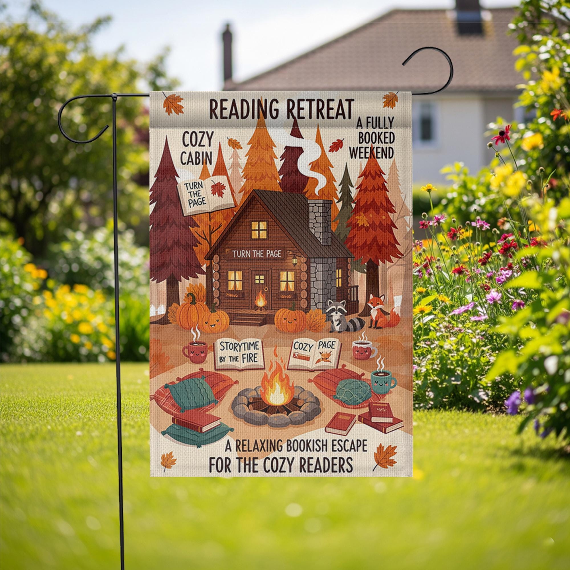 Reading Retreat Garden Flag – Cozy Cabin Fall Book Decor with Campfire, Pumpkins & Storytime – Bookish Yard Sign for Autumn Readers