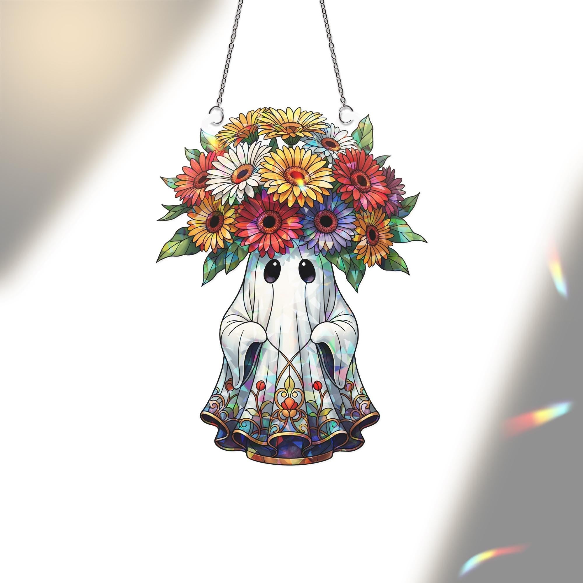 Cute Ghost Flower Suncatcher – Holographic Stained Glass Ghost with Daisy Crown Window Hanging, Gothic Fall Halloween Window Decor