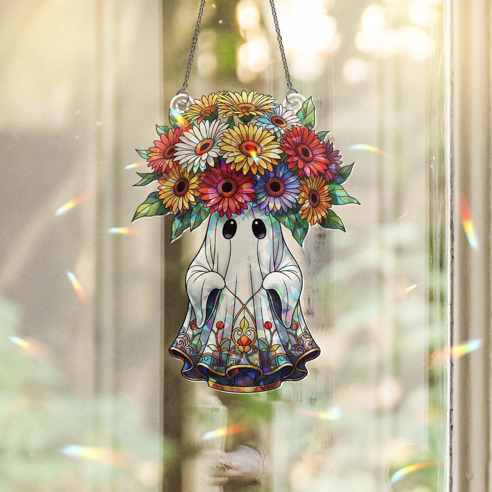 Cute Ghost Flower Suncatcher – Holographic Stained Glass Ghost with Daisy Crown Window Hanging, Gothic Fall Halloween Window Decor