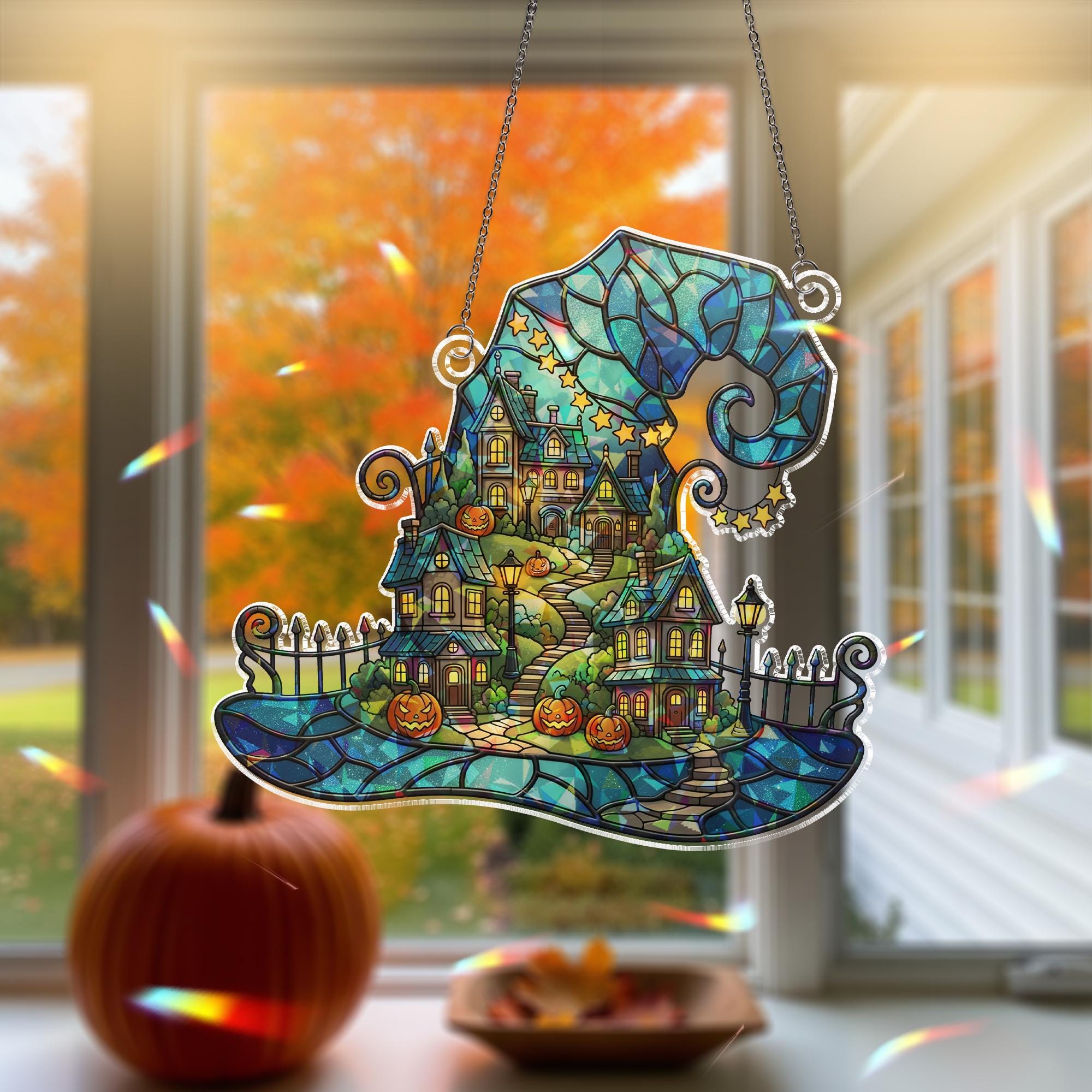 Witch Hat Halloween Village Hologram Ornament – Halloween Window Hanging with Pumpkins, Haunted Houses – Spooky Fall Decor, Witch Wall Art