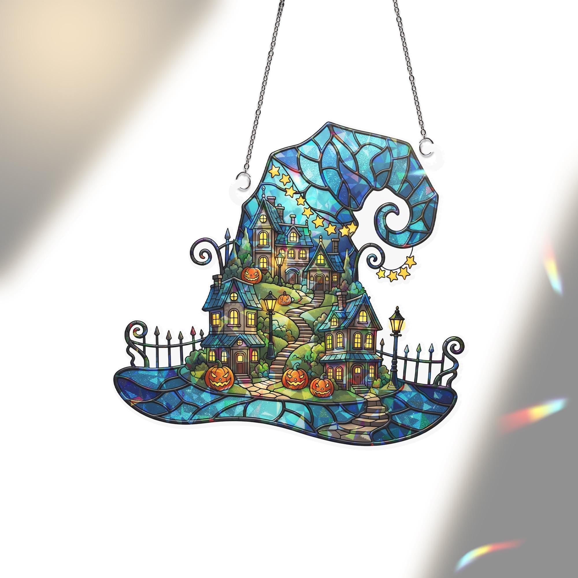 Witch Hat Halloween Village Hologram Ornament – Halloween Window Hanging with Pumpkins, Haunted Houses – Spooky Fall Decor, Witch Wall Art