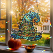 Witch Hat Halloween Village Hologram Ornament – Halloween Window Hanging with Pumpkins, Haunted Houses – Spooky Fall Decor, Witch Wall Art