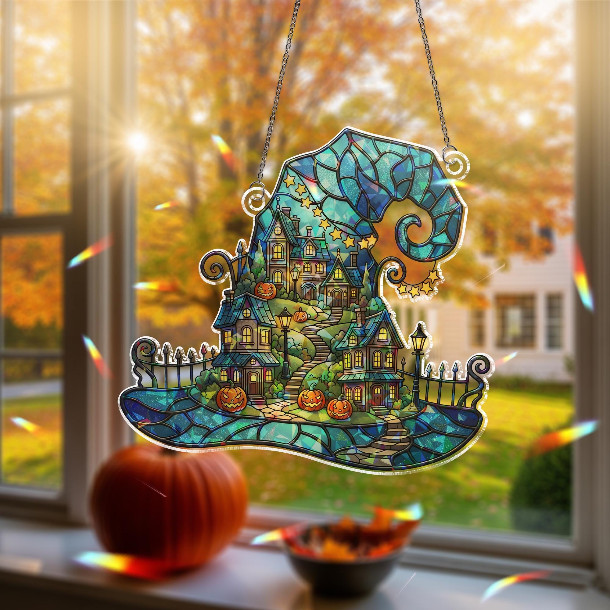 Witch Hat Halloween Village Hologram Ornament – Halloween Window Hanging with Pumpkins, Haunted Houses – Spooky Fall Decor, Witch Wall Art