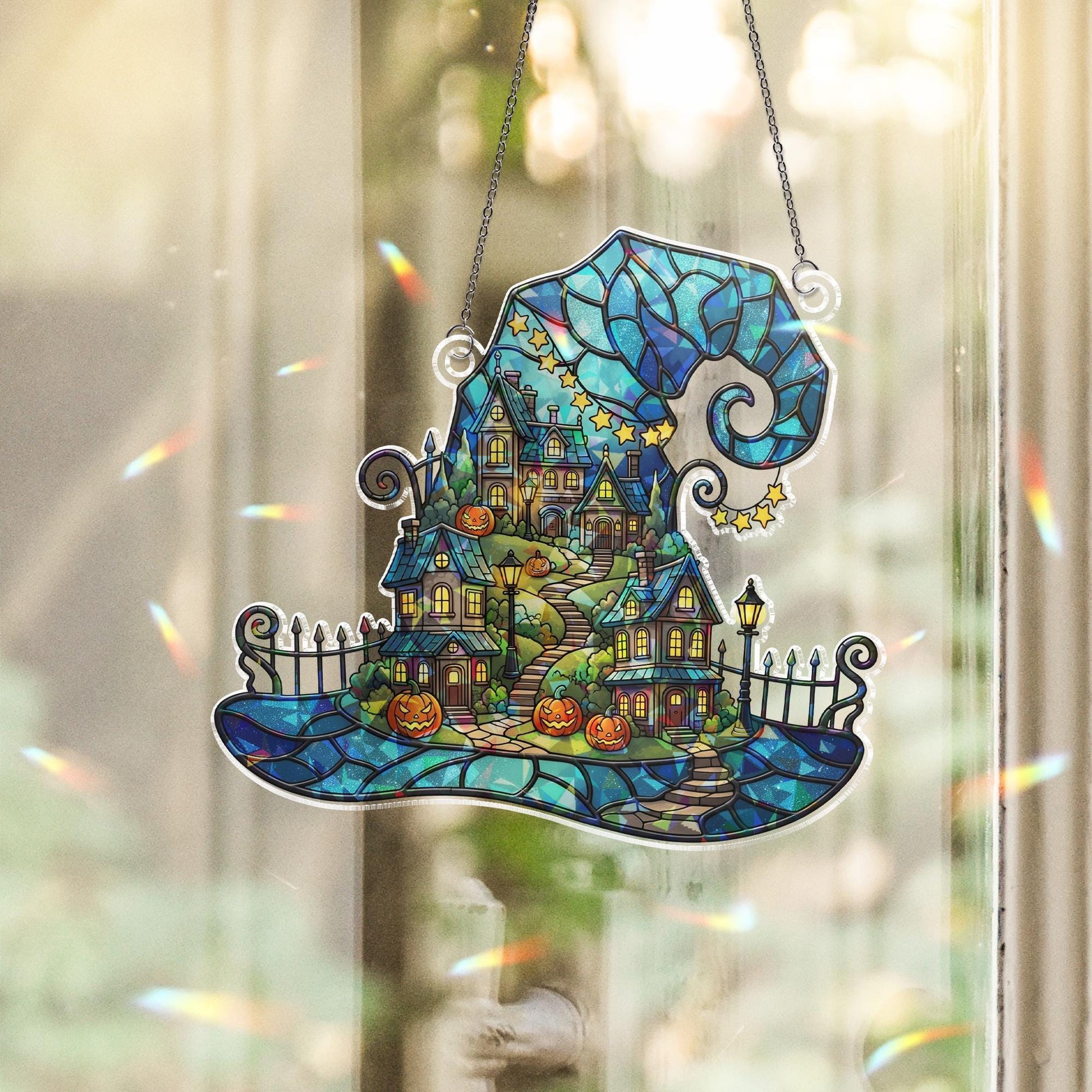 Witch Hat Halloween Village Hologram Ornament – Halloween Window Hanging with Pumpkins, Haunted Houses – Spooky Fall Decor, Witch Wall Art