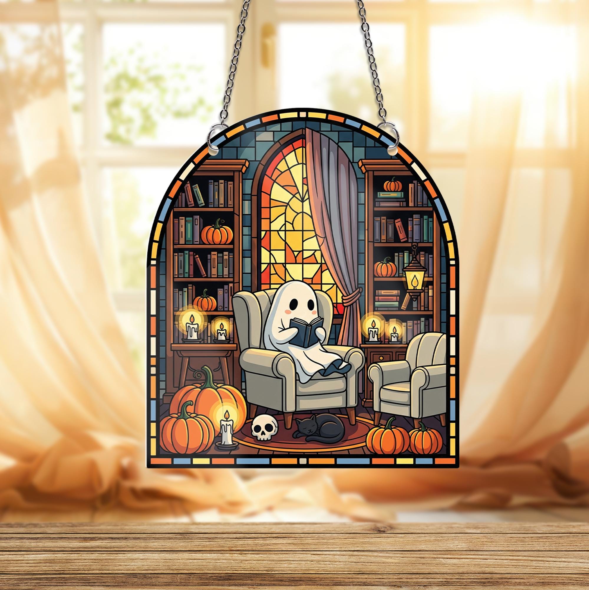 Spooky Ghost Reading Suncatcher – Halloween Window Hanging, Gothic Library Decor, Cozy Pumpkin Ghost Faux Stained Glass Panel