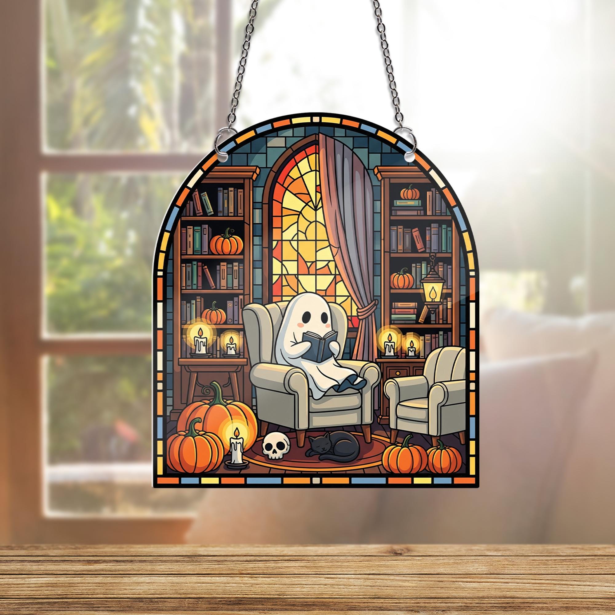 Spooky Ghost Reading Suncatcher – Halloween Window Hanging, Gothic Library Decor, Cozy Pumpkin Ghost Faux Stained Glass Panel