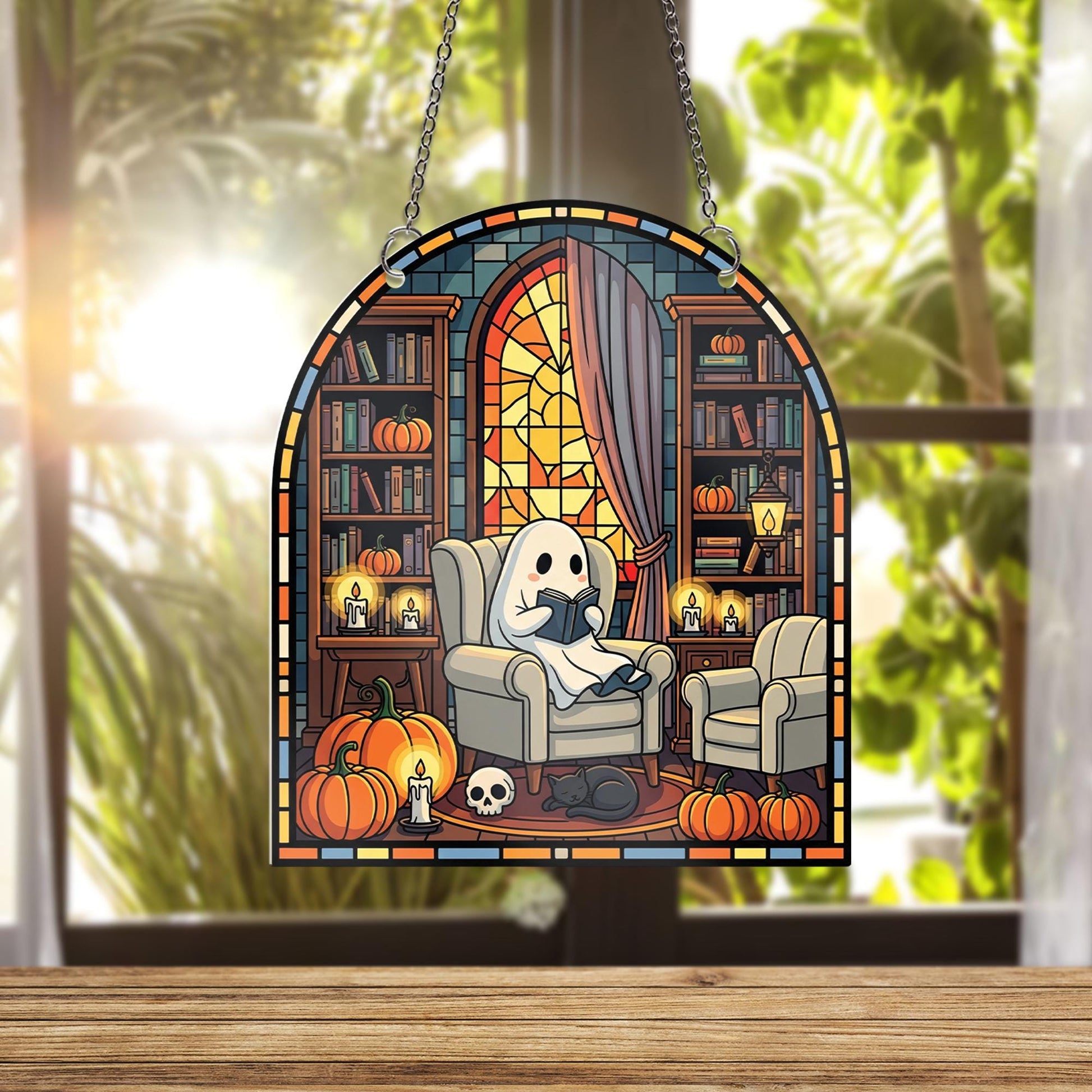 Spooky Ghost Reading Suncatcher – Halloween Window Hanging, Gothic Library Decor, Cozy Pumpkin Ghost Faux Stained Glass Panel