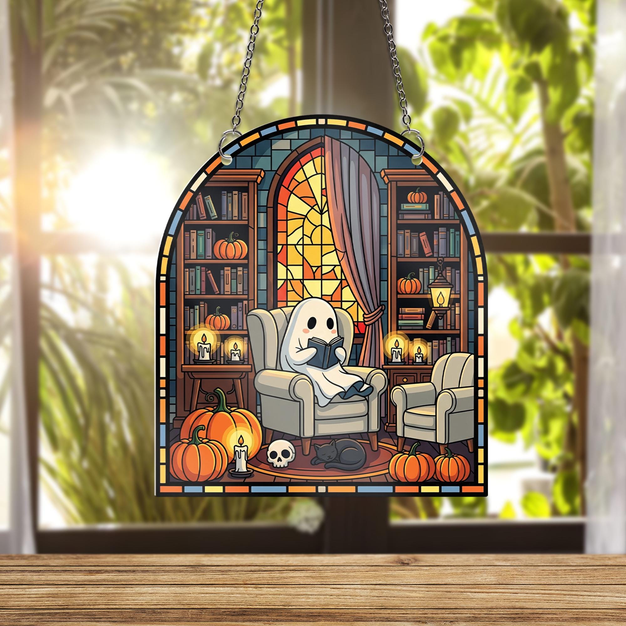 Spooky Ghost Reading Suncatcher – Halloween Window Hanging, Gothic Library Decor, Cozy Pumpkin Ghost Faux Stained Glass Panel