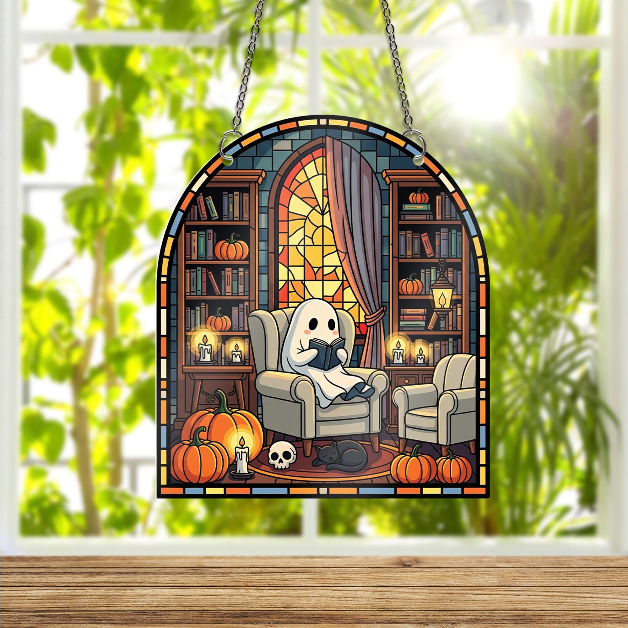 Spooky Ghost Reading Suncatcher – Halloween Window Hanging, Gothic Library Decor, Cozy Pumpkin Ghost Faux Stained Glass Panel