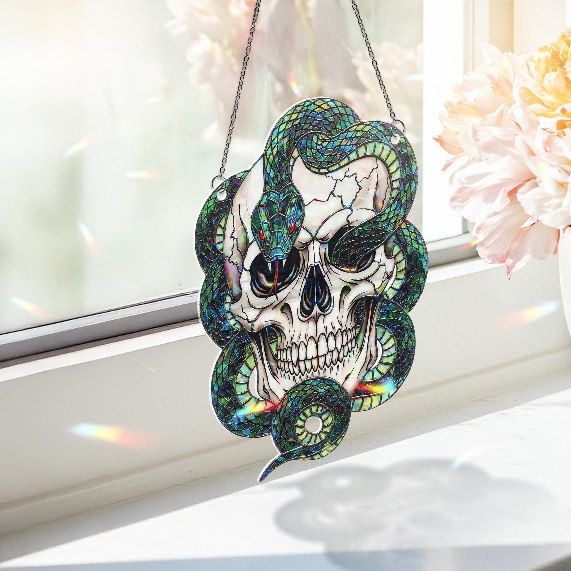Skull and Snake Hologram Ornament, Gothic Skeleton Window Hanging with Serpent and Skull – Dark Halloween or Occult Decor, Creepy home decor
