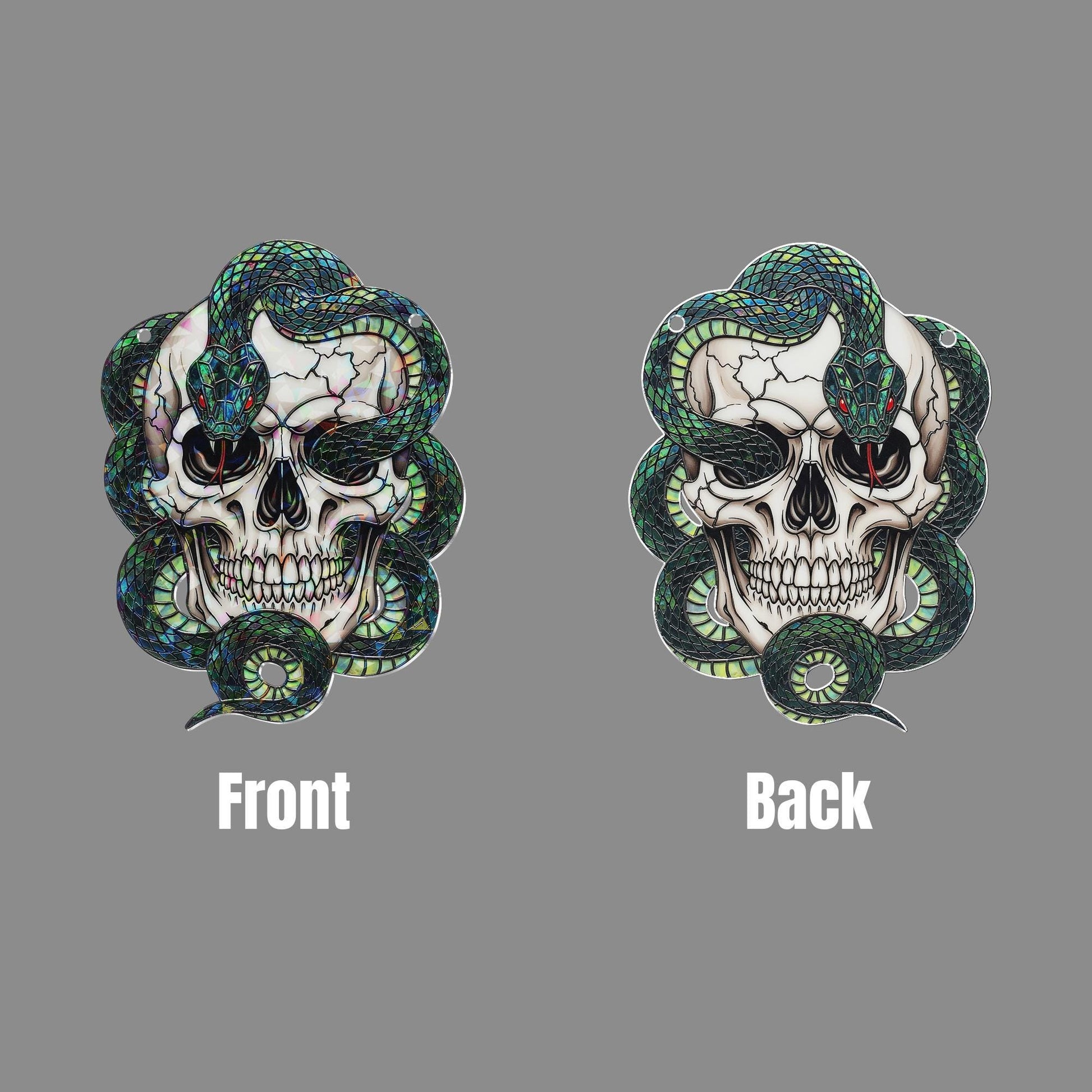 Skull and Snake Hologram Ornament, Gothic Skeleton Window Hanging with Serpent and Skull – Dark Halloween or Occult Decor, Creepy home decor