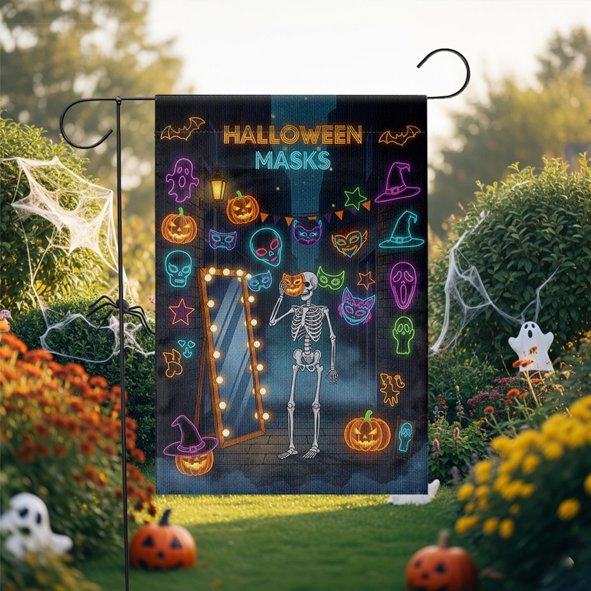 Halloween Masks Garden Flag – Funny Skeleton with Neon Mask Display – Spooky Colorful Halloween Yard Decor with Pumpkins and Bats
