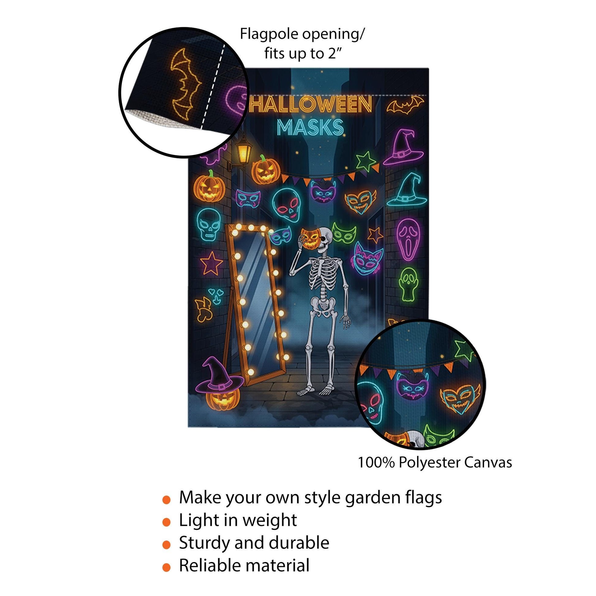 Halloween Masks Garden Flag – Funny Skeleton with Neon Mask Display – Spooky Colorful Halloween Yard Decor with Pumpkins and Bats