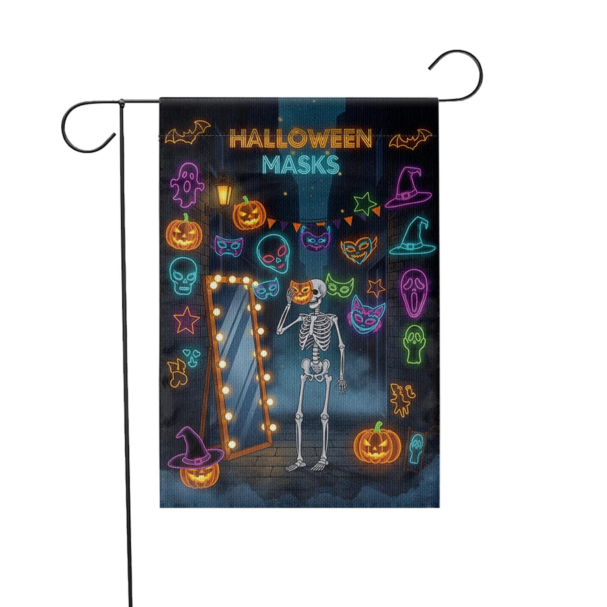 Halloween Masks Garden Flag – Funny Skeleton with Neon Mask Display – Spooky Colorful Halloween Yard Decor with Pumpkins and Bats