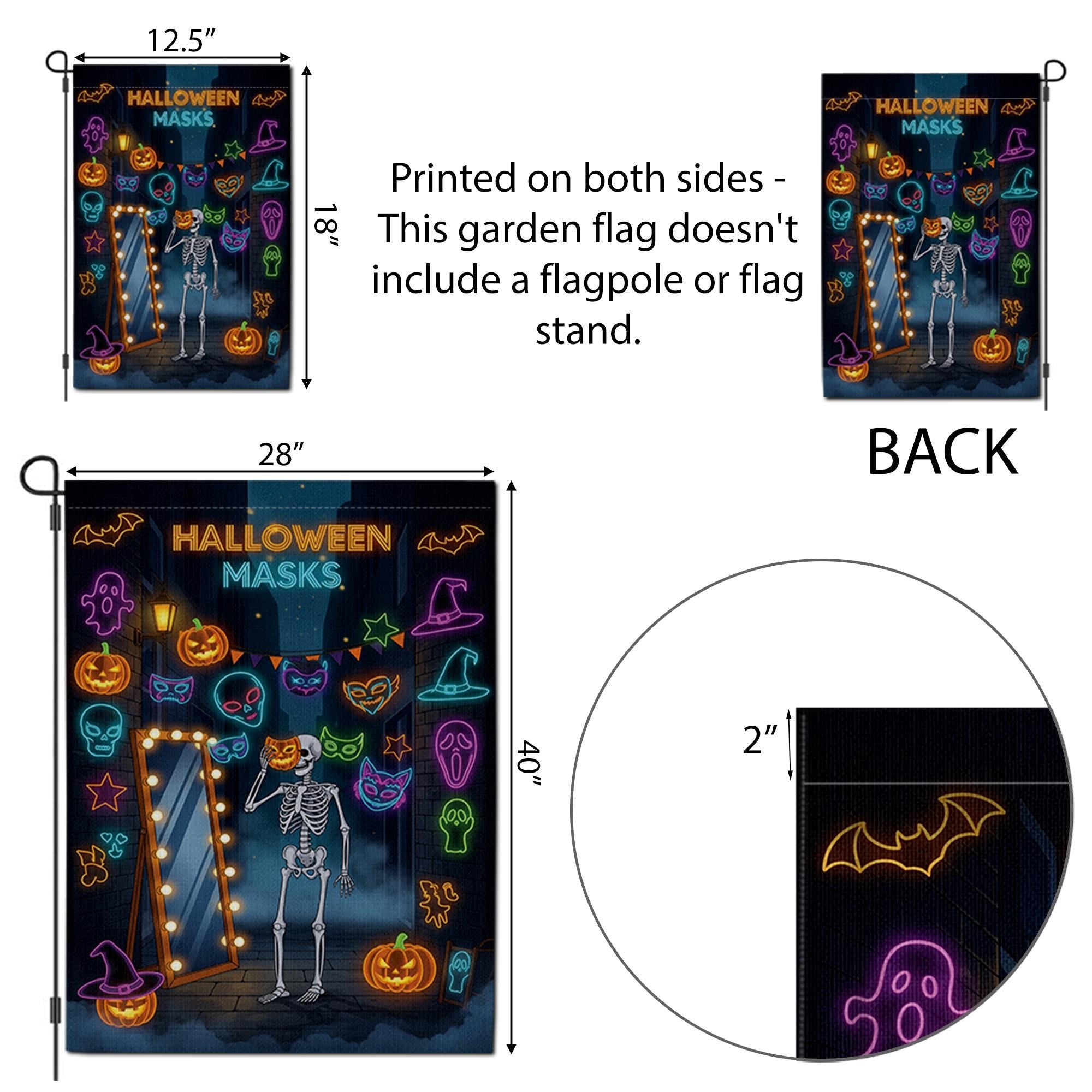 Halloween Masks Garden Flag – Funny Skeleton with Neon Mask Display – Spooky Colorful Halloween Yard Decor with Pumpkins and Bats