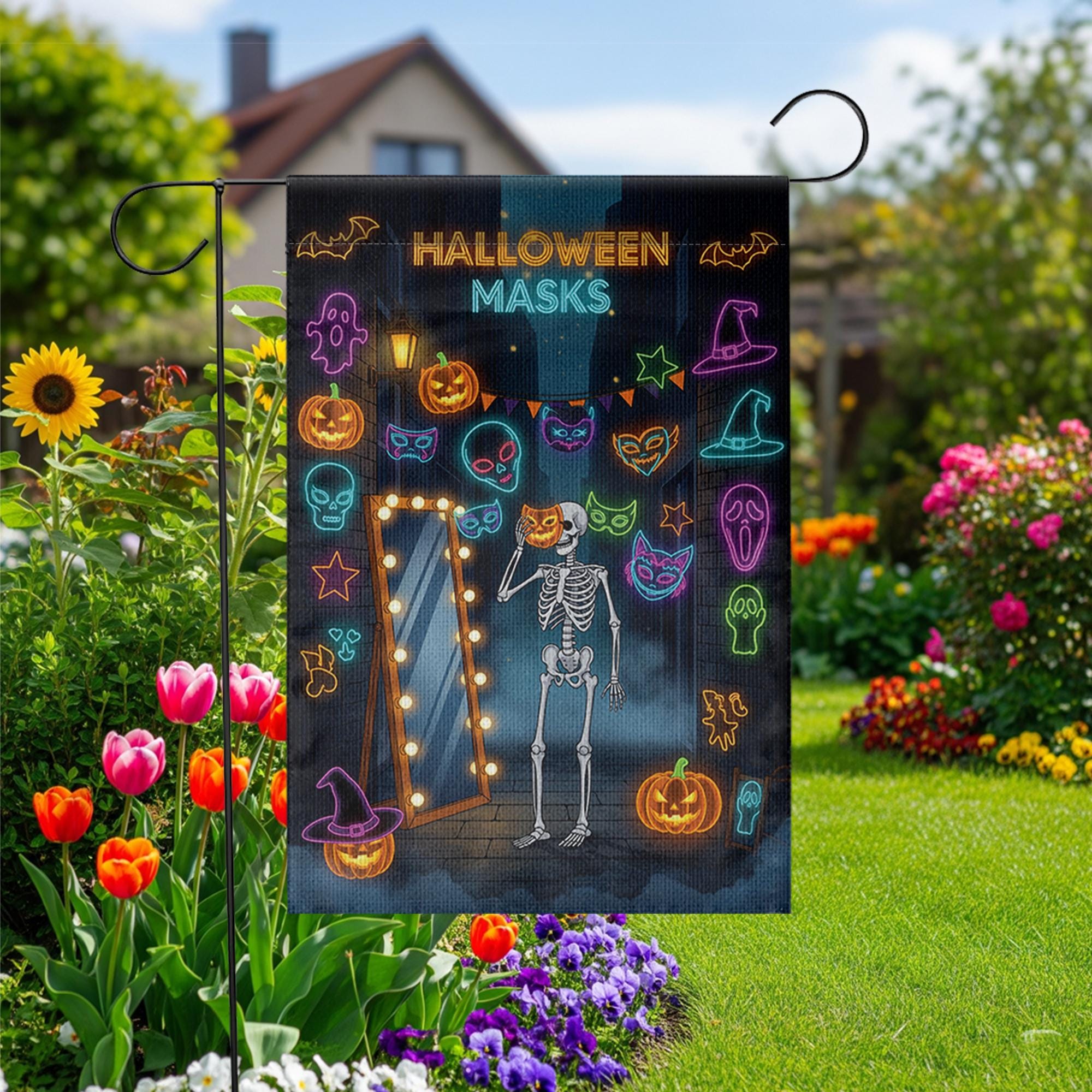 Halloween Masks Garden Flag – Funny Skeleton with Neon Mask Display – Spooky Colorful Halloween Yard Decor with Pumpkins and Bats
