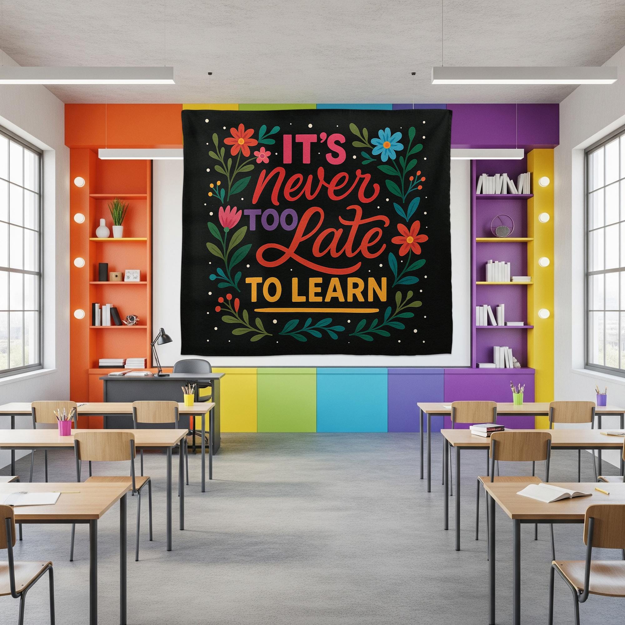 It’s Never Too Late to Learn Tapestry, Motivational Classroom Wall Decor, Teacher Encouragement Banner, Floral School Poster