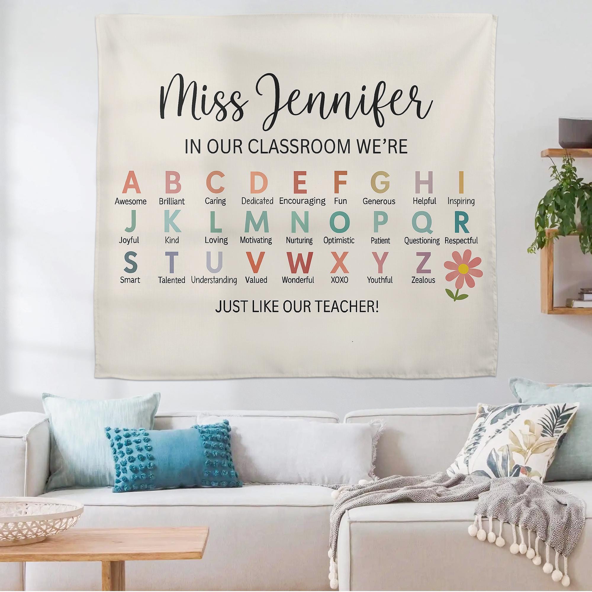 Personalized Teacher Alphabet Tapestry – Custom Classroom Wall Decor, Back to School Gift, Teacher Appreciation Banner