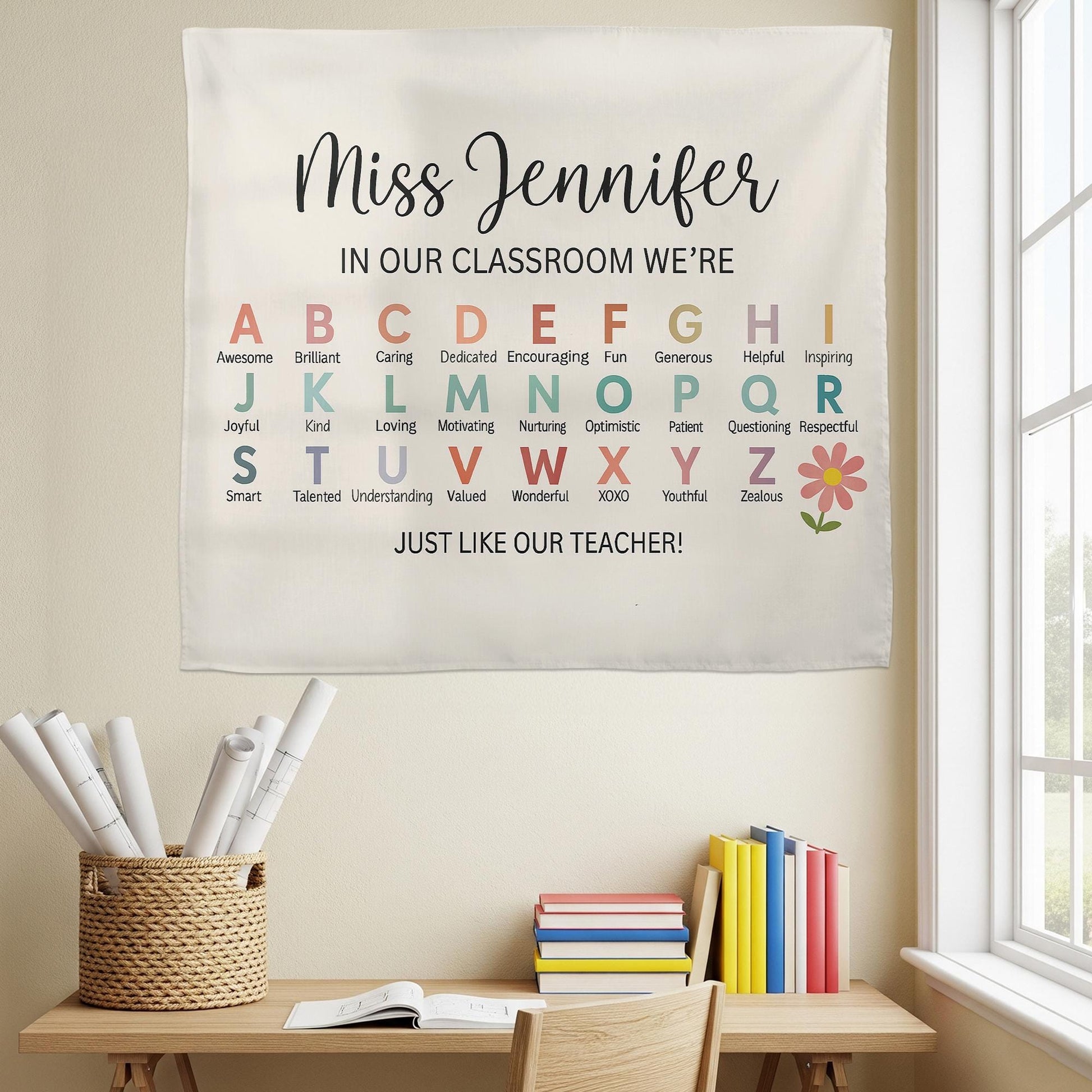 Personalized Teacher Alphabet Tapestry – Custom Classroom Wall Decor, Back to School Gift, Teacher Appreciation Banner