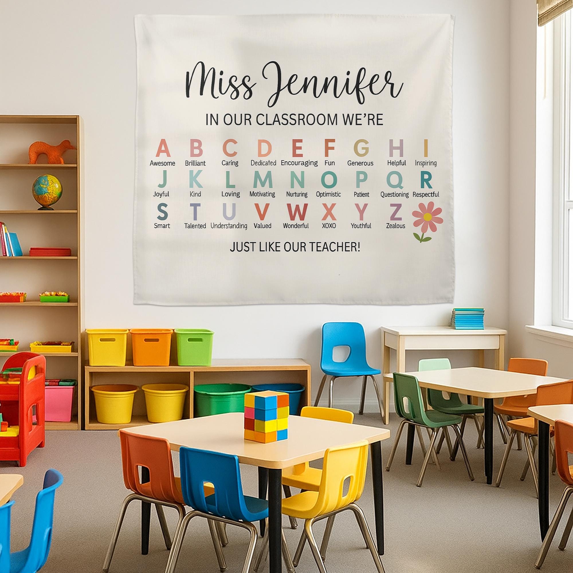 Personalized Teacher Alphabet Tapestry – Custom Classroom Wall Decor, Back to School Gift, Teacher Appreciation Banner