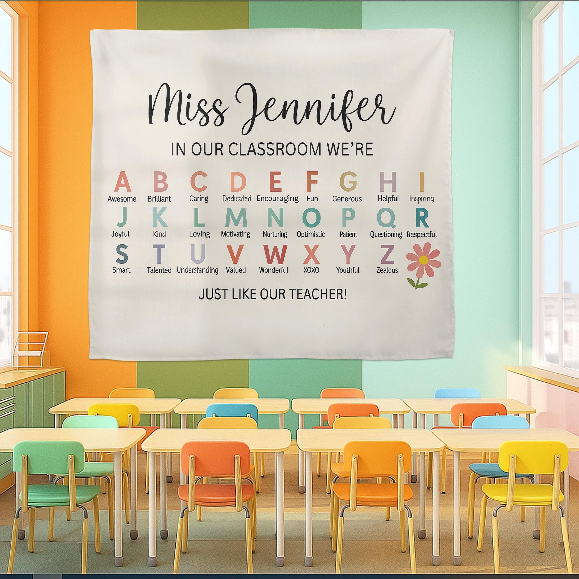 Personalized Teacher Alphabet Tapestry – Custom Classroom Wall Decor, Back to School Gift, Teacher Appreciation Banner