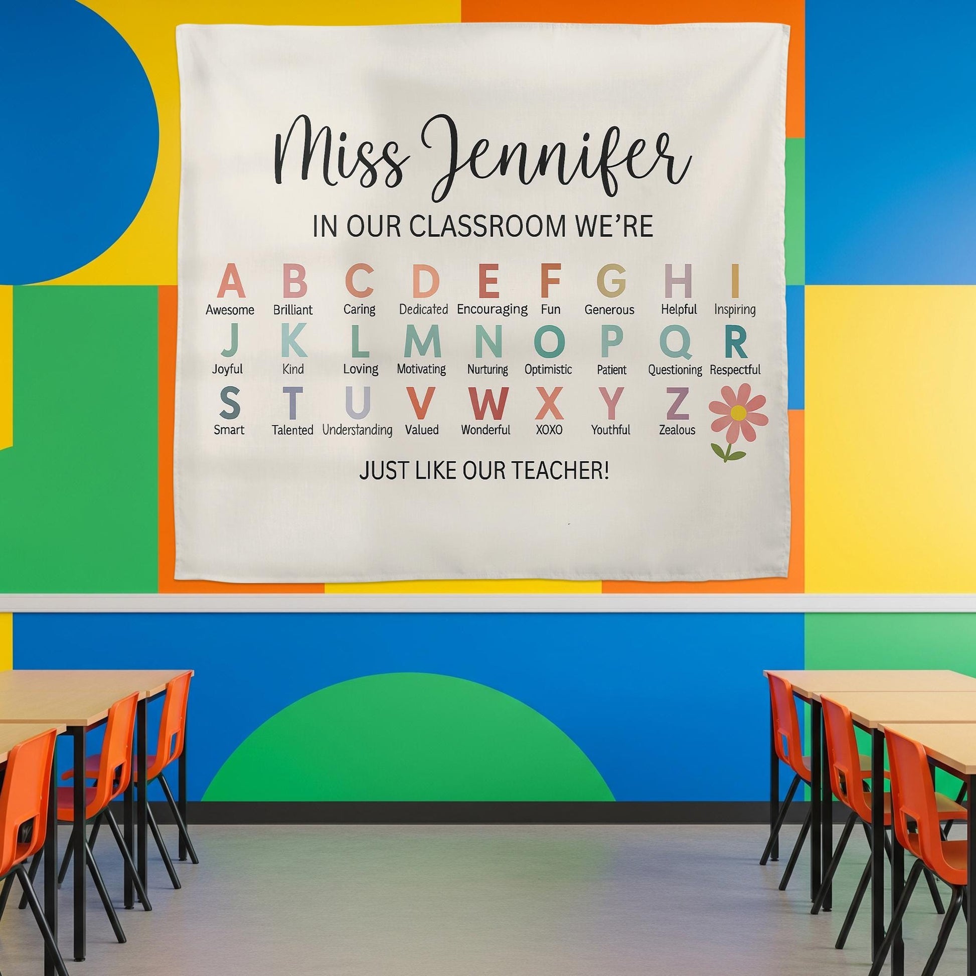 Personalized Teacher Alphabet Tapestry – Custom Classroom Wall Decor, Back to School Gift, Teacher Appreciation Banner