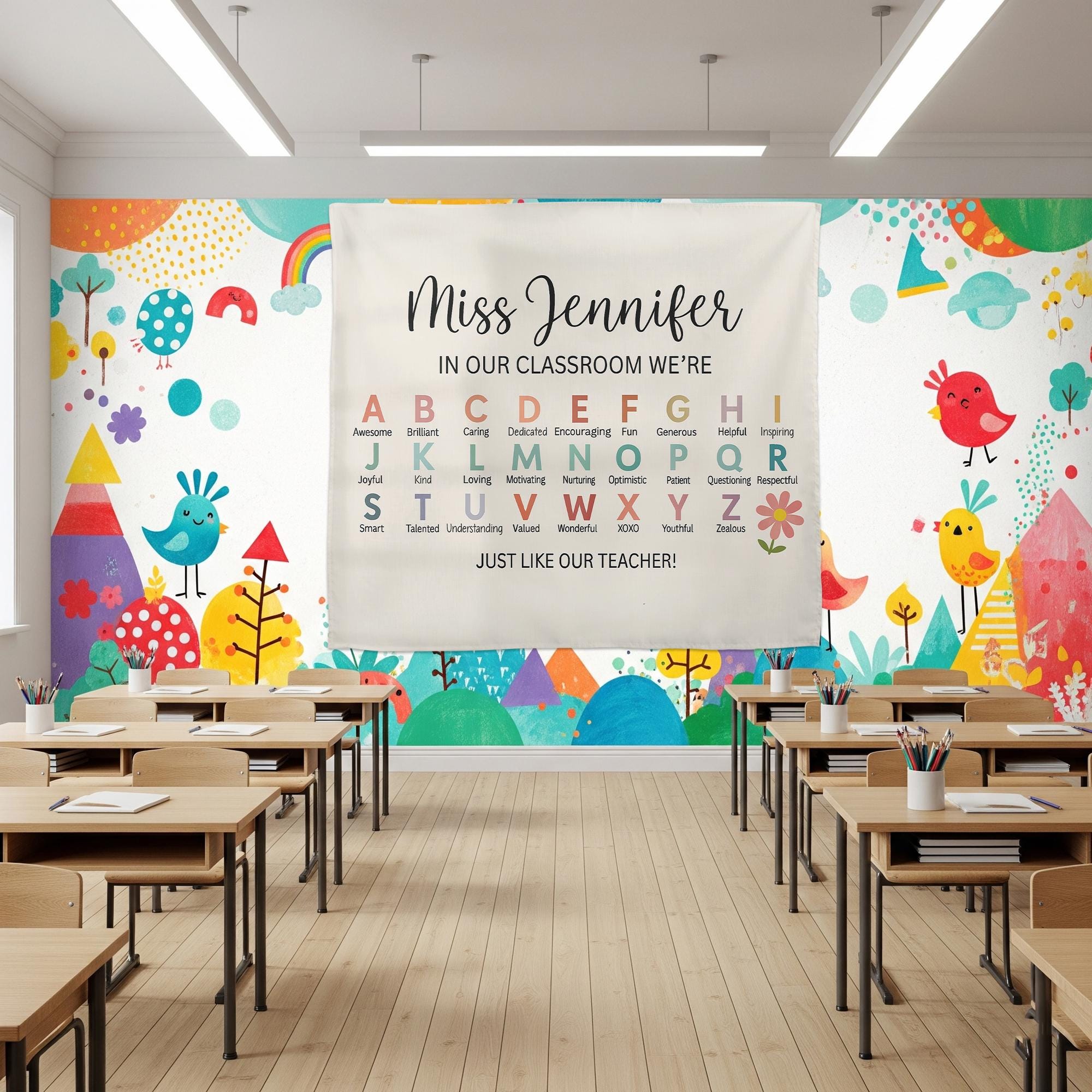 Personalized Teacher Alphabet Tapestry – Custom Classroom Wall Decor, Back to School Gift, Teacher Appreciation Banner