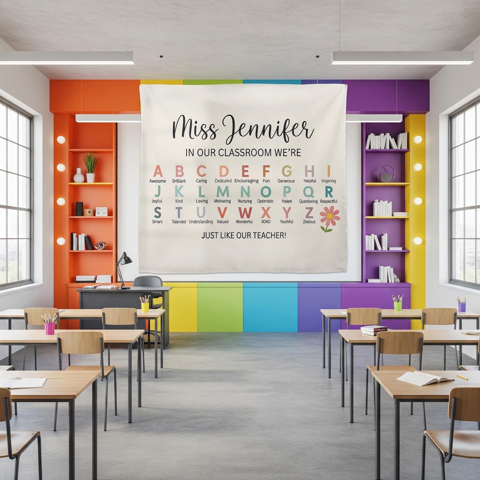 Personalized Teacher Alphabet Tapestry – Custom Classroom Wall Decor, Back to School Gift, Teacher Appreciation Banner