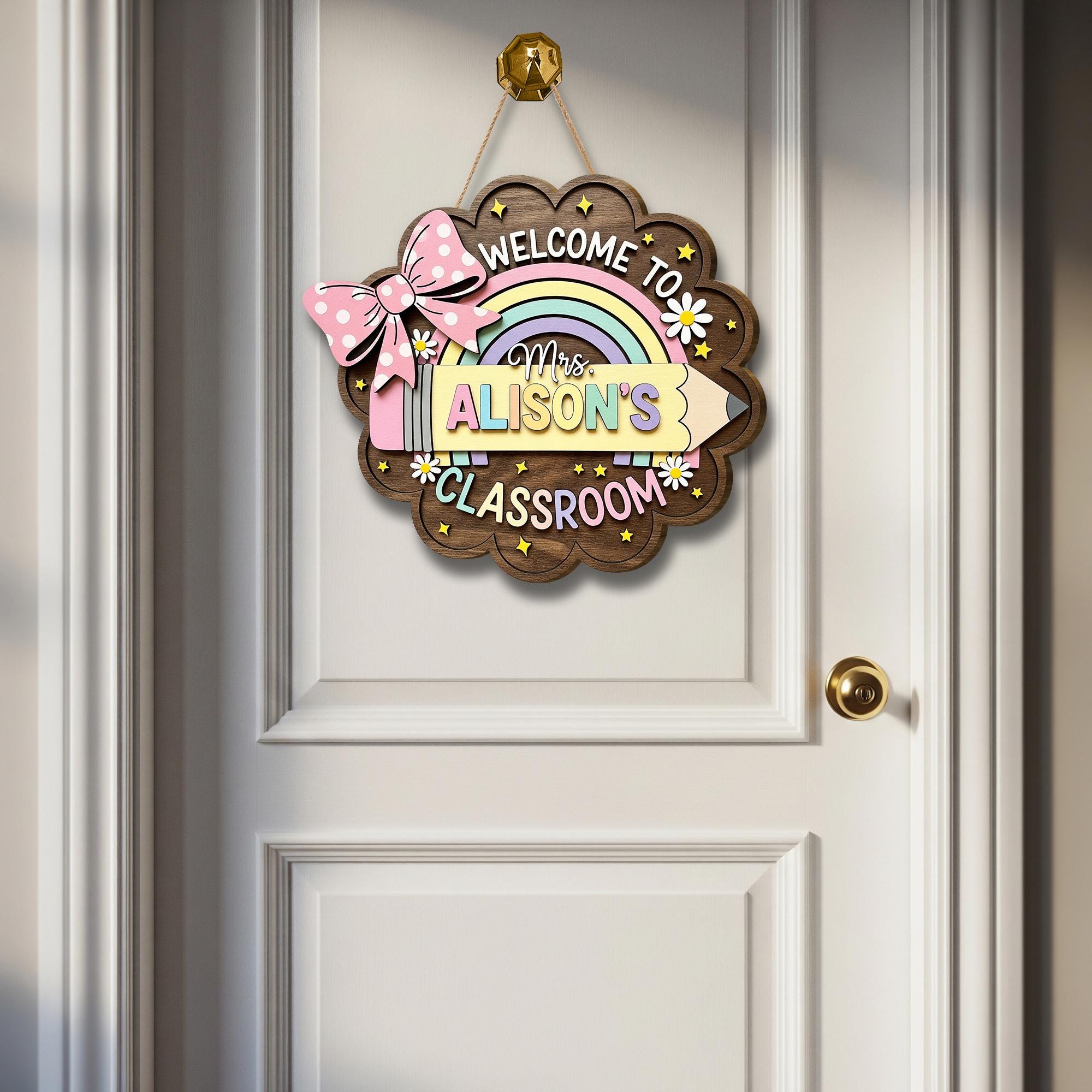 Personalized Teacher Door Sign – Custom Rainbow Classroom Wood Hanging Sign with Name, Welcome Back to School Gift for Teachers