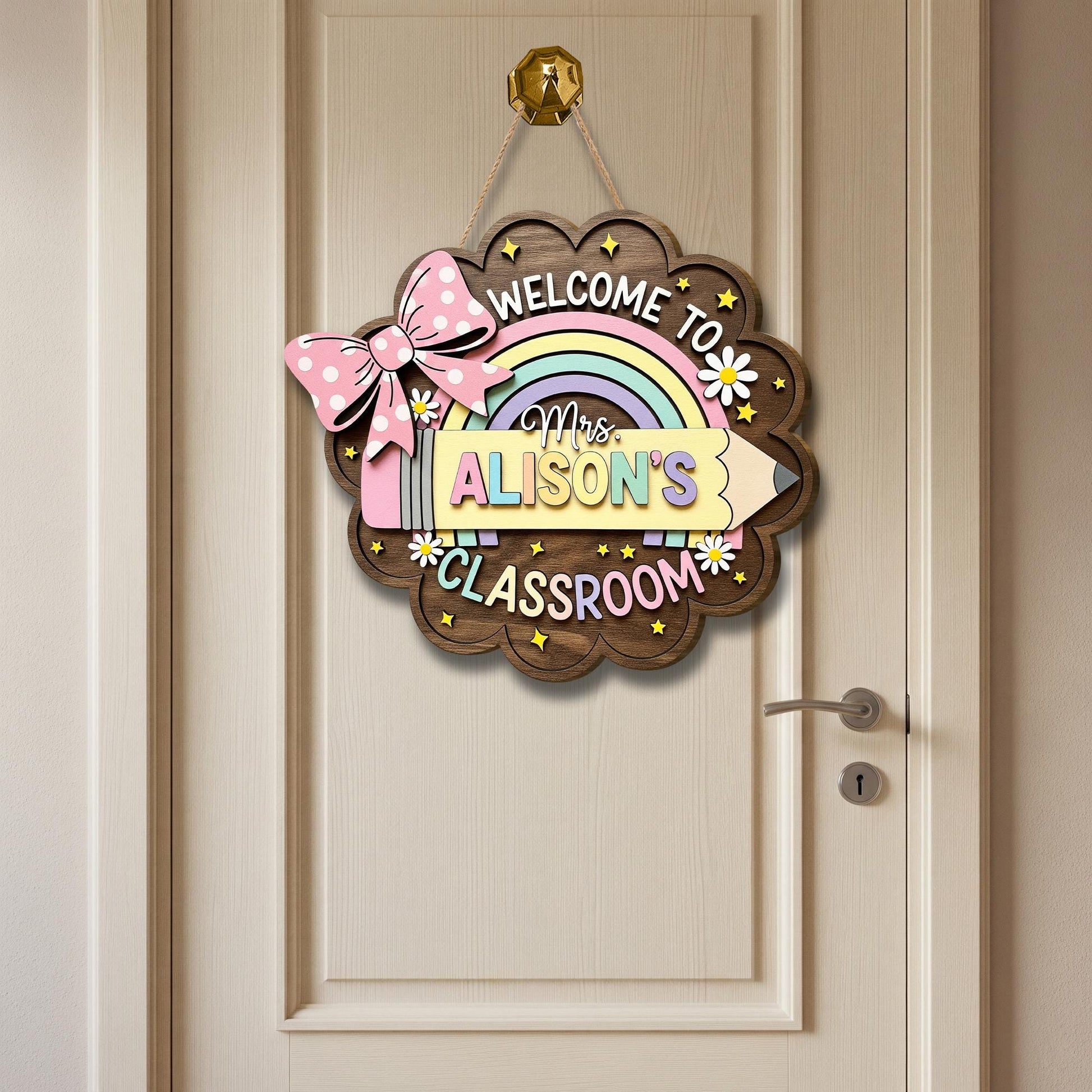 Personalized Teacher Door Sign – Custom Rainbow Classroom Wood Hanging Sign with Name, Welcome Back to School Gift for Teachers