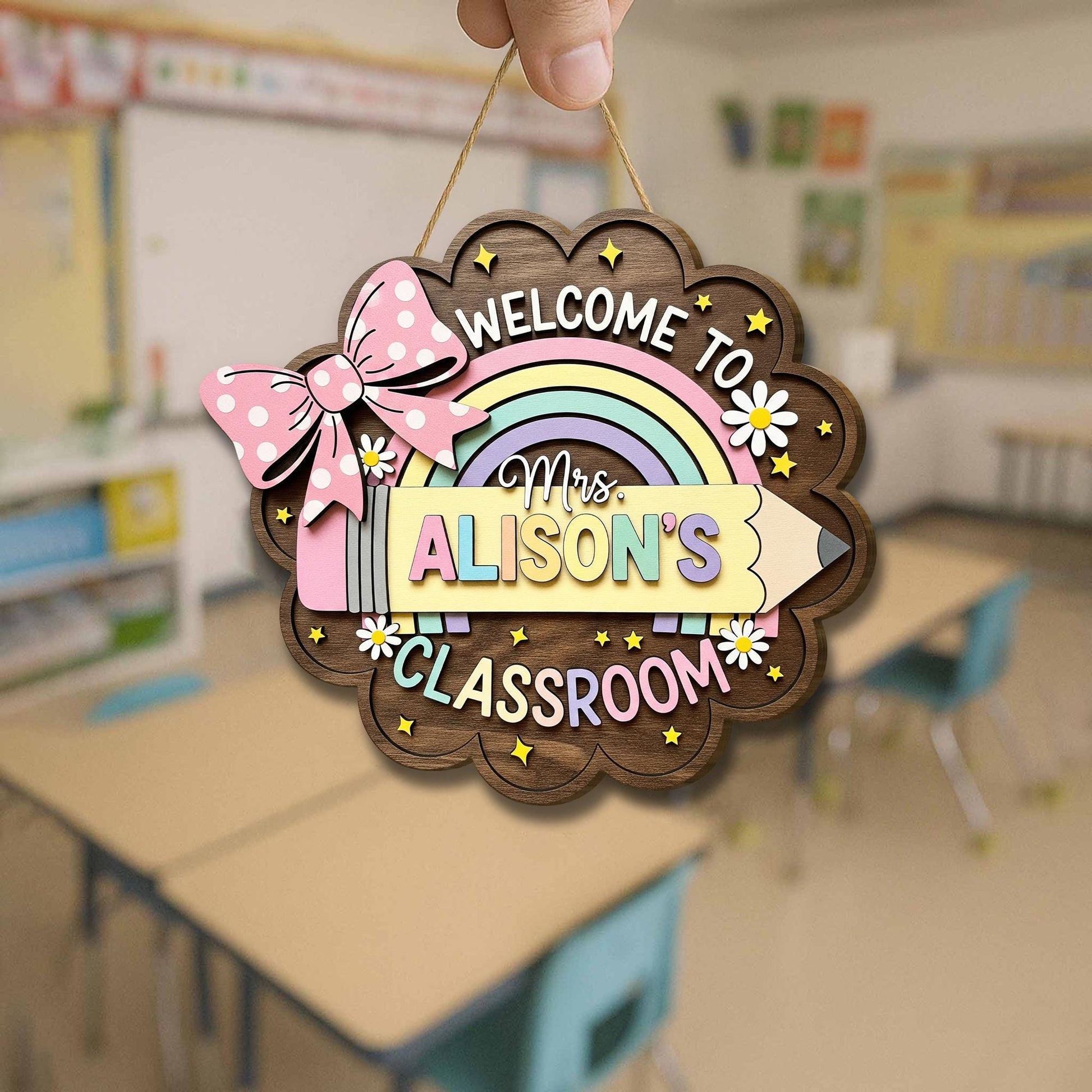 Personalized Teacher Door Sign – Custom Rainbow Classroom Wood Hanging Sign with Name, Welcome Back to School Gift for Teachers
