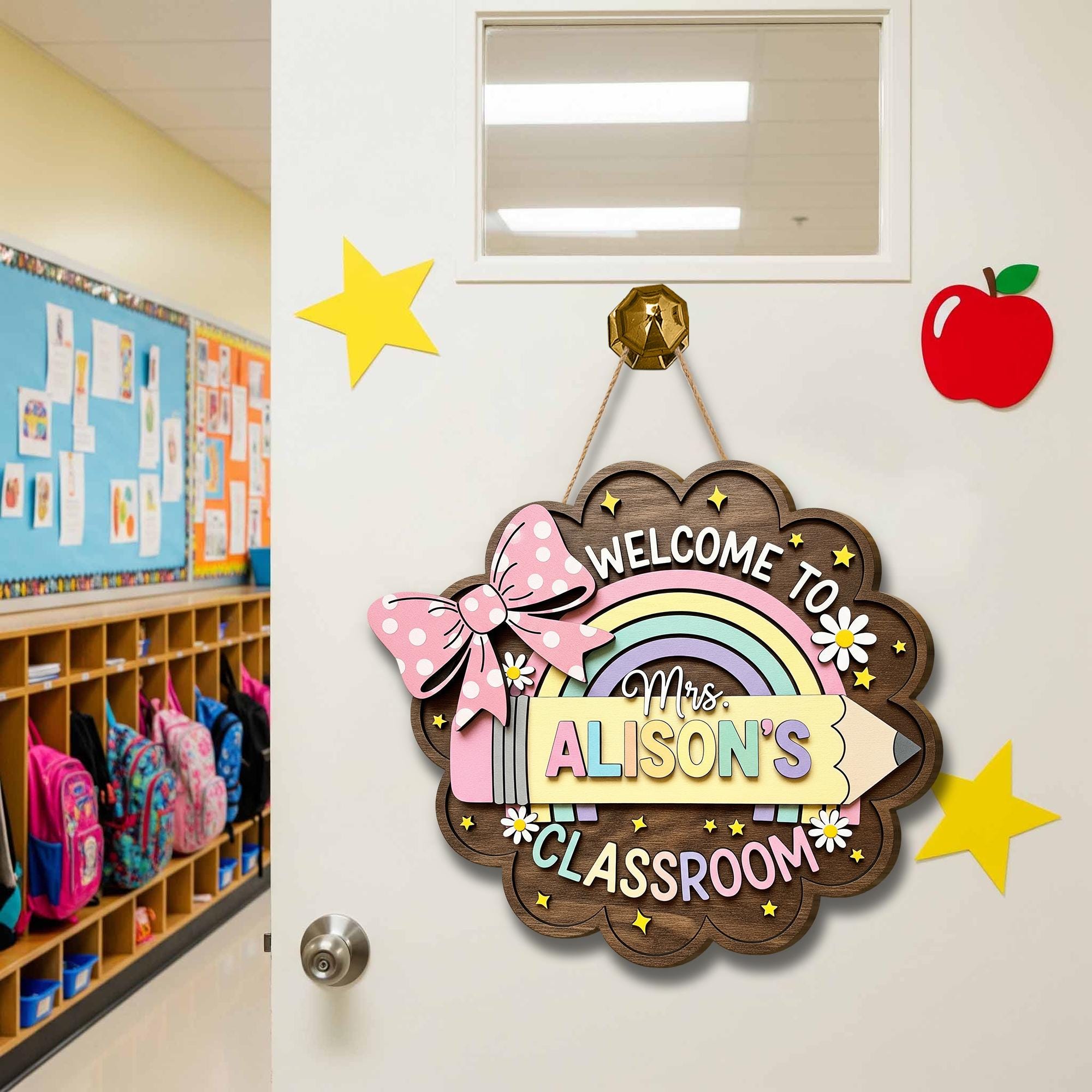 Personalized Teacher Door Sign – Custom Rainbow Classroom Wood Hanging Sign with Name, Welcome Back to School Gift for Teachers