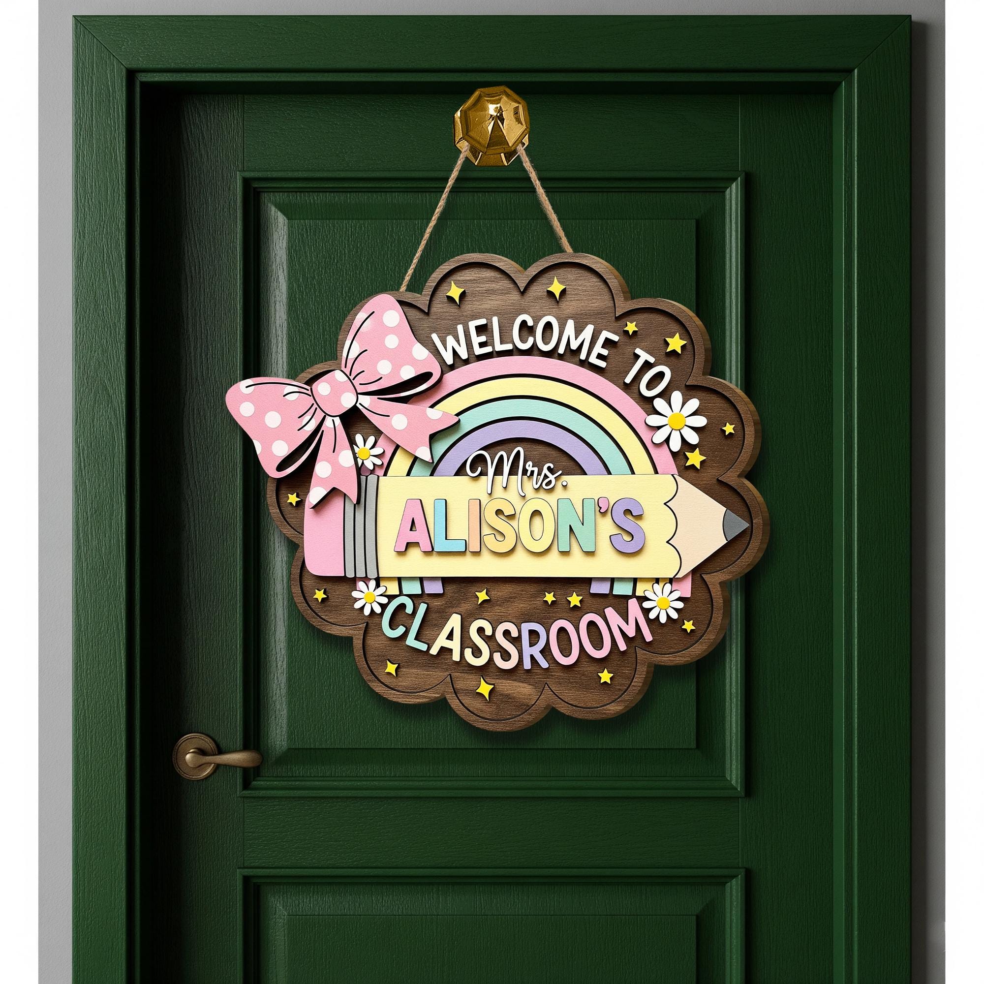 Personalized Teacher Door Sign – Custom Rainbow Classroom Wood Hanging Sign with Name, Welcome Back to School Gift for Teachers