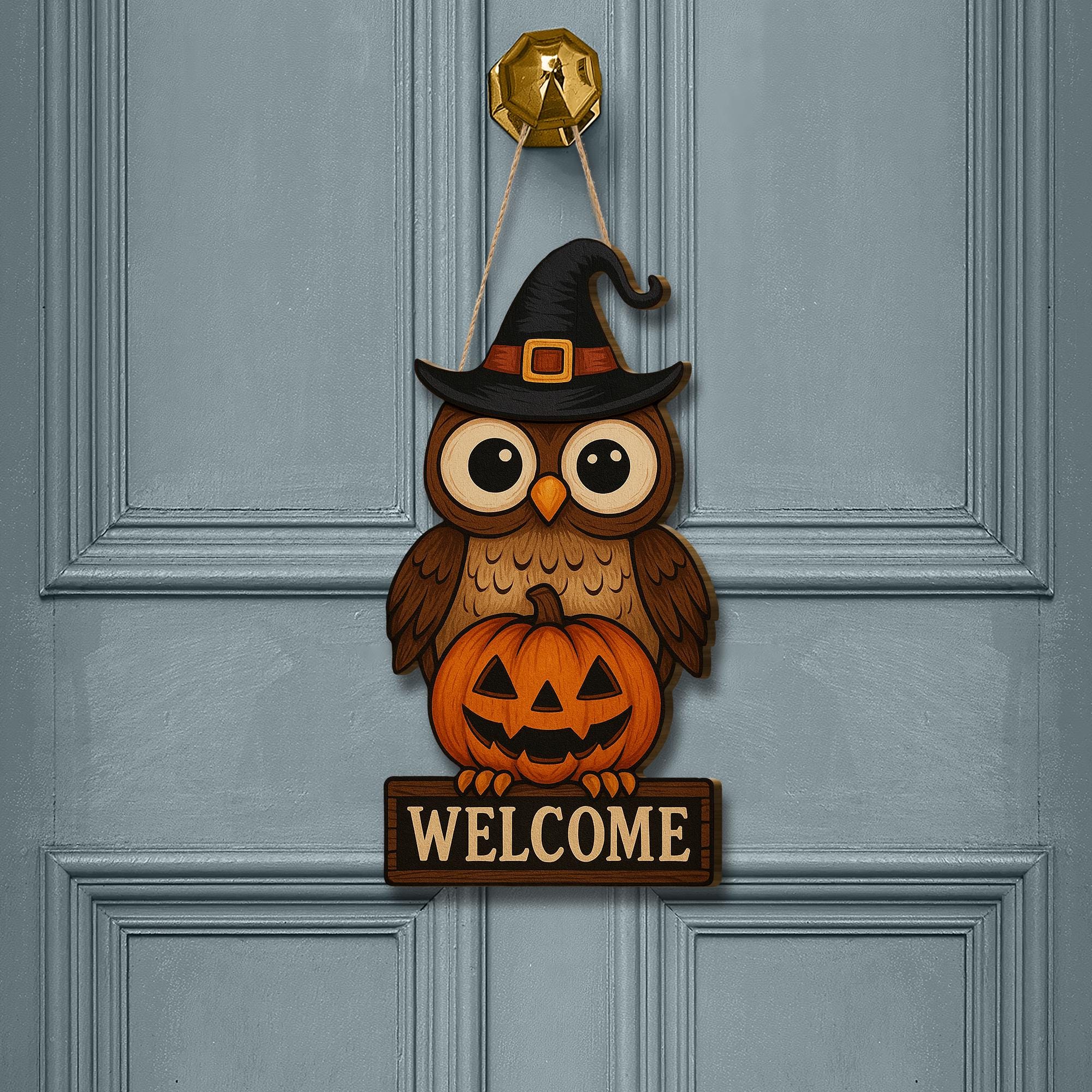 Halloween Owl Welcome Sign, Wooden Door Hanger with Pumpkin, Fall Porch Decor, Cute Autumn Owl Sign, Witch Hat Halloween Wood Art