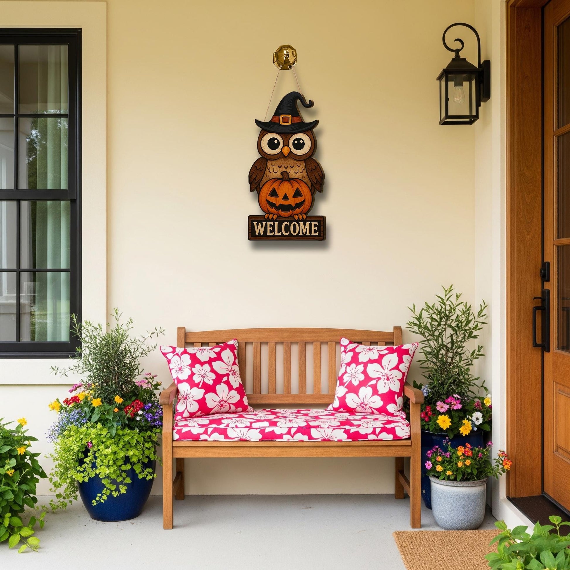 Halloween Owl Welcome Sign, Wooden Door Hanger with Pumpkin, Fall Porch Decor, Cute Autumn Owl Sign, Witch Hat Halloween Wood Art