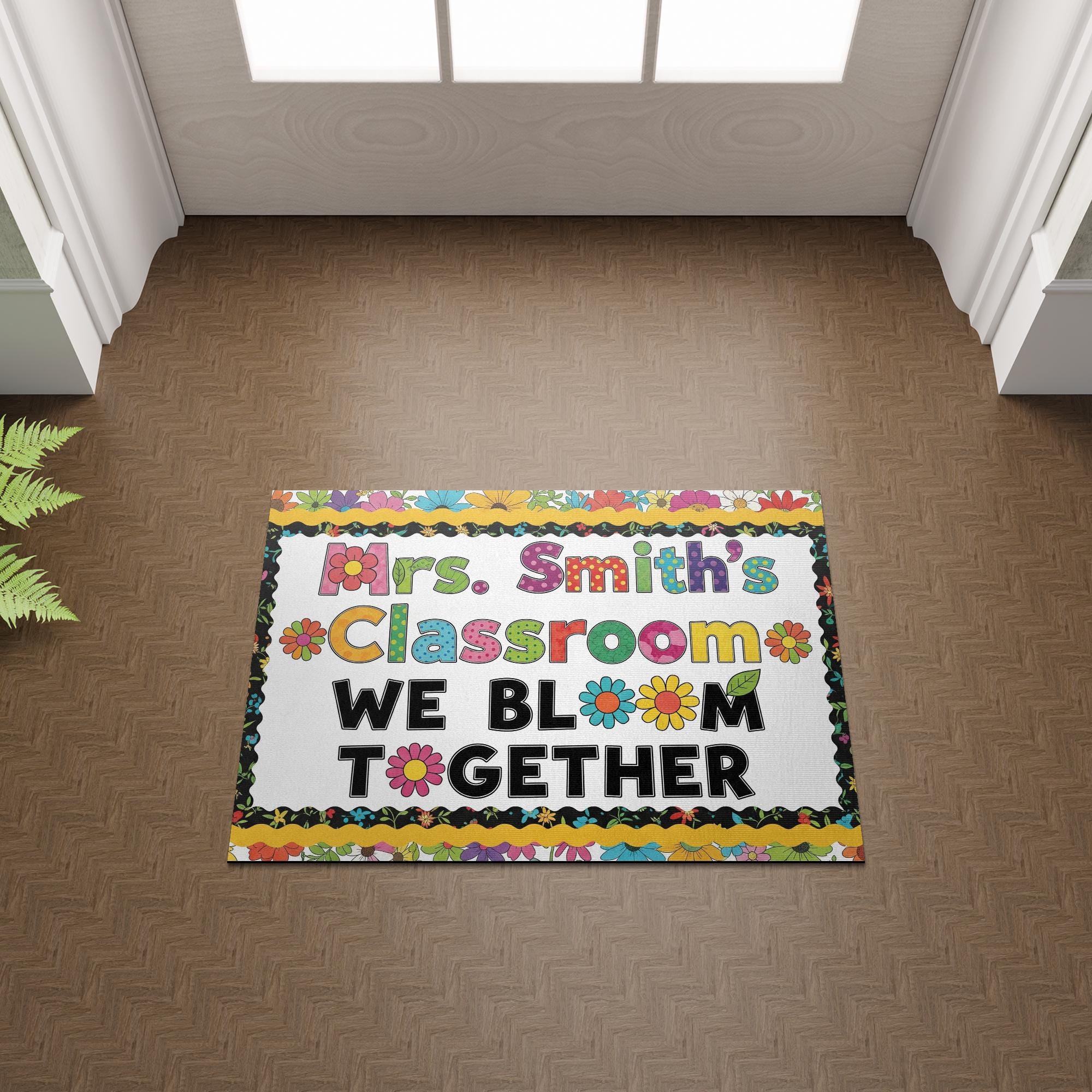 Personalized Classroom Doormat – We Bloom Together Floral Rug for Teachers – Custom Name Welcome Mat for School or Door Decor, Kindergarten