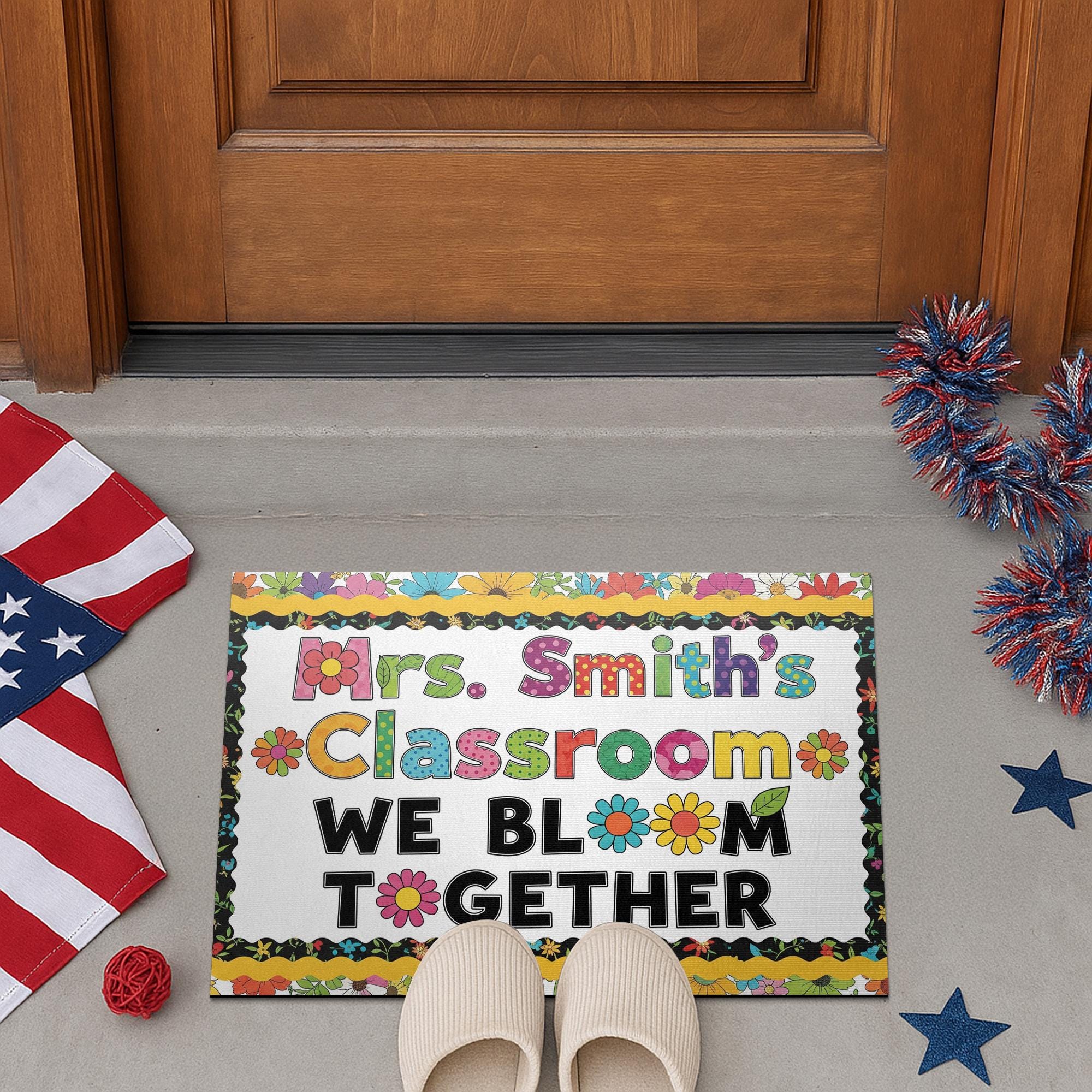Personalized Classroom Doormat – We Bloom Together Floral Rug for Teachers – Custom Name Welcome Mat for School or Door Decor, Kindergarten