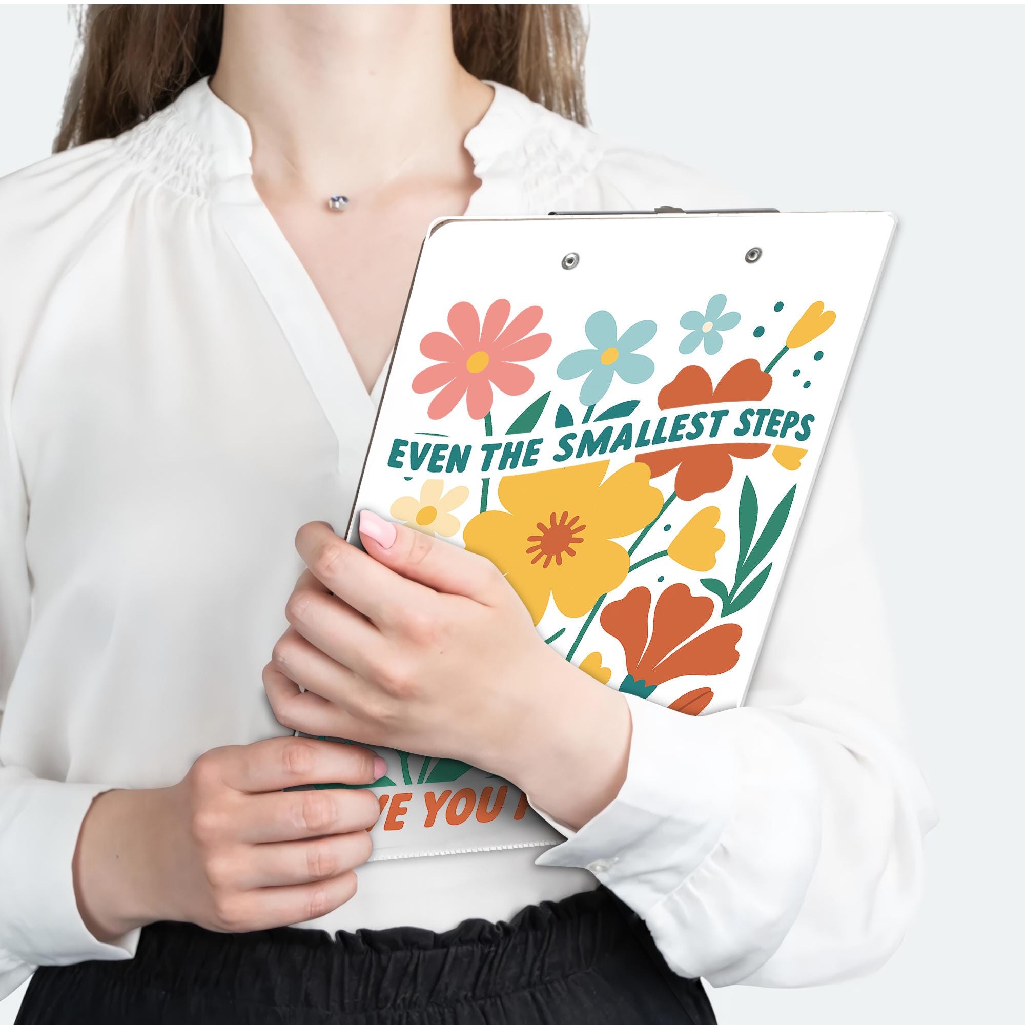 Motivational Floral Clipboard – "Even the Smallest Steps Move You Forward" Cute Office Decor, Teacher Gift, Back to School Stationery