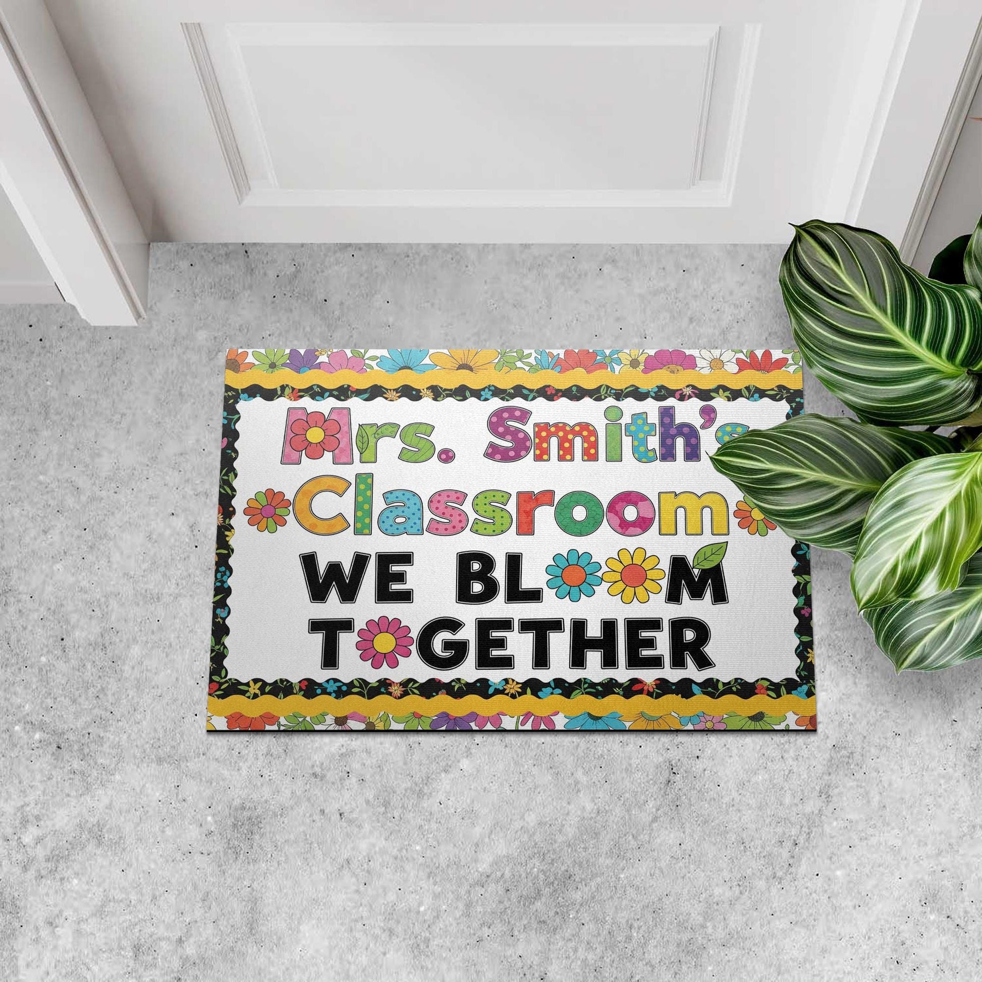 Personalized Classroom Doormat – We Bloom Together Floral Rug for Teachers – Custom Name Welcome Mat for School or Door Decor, Kindergarten
