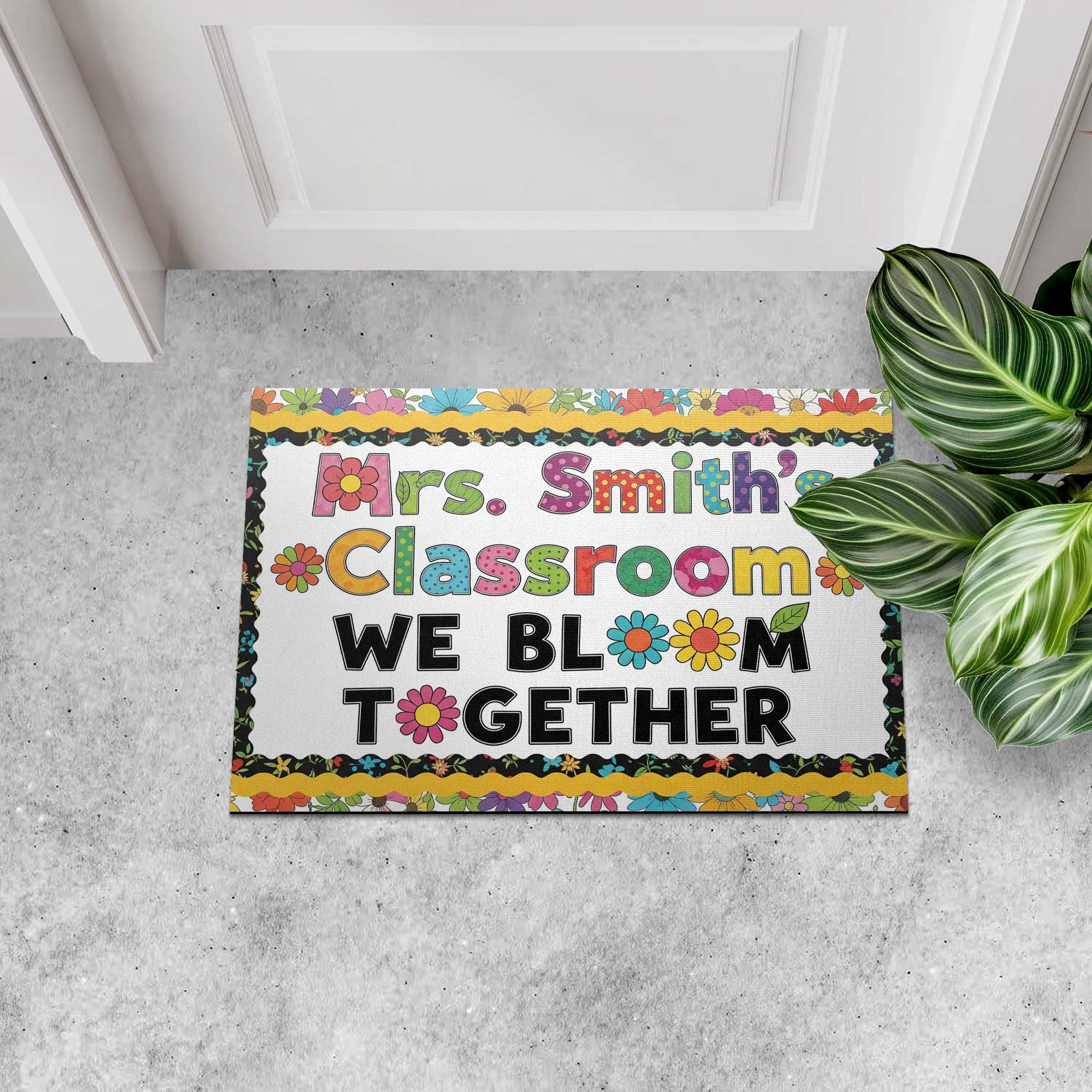 Personalized Classroom Doormat – We Bloom Together Floral Rug for Teachers – Custom Name Welcome Mat for School or Door Decor, Kindergarten