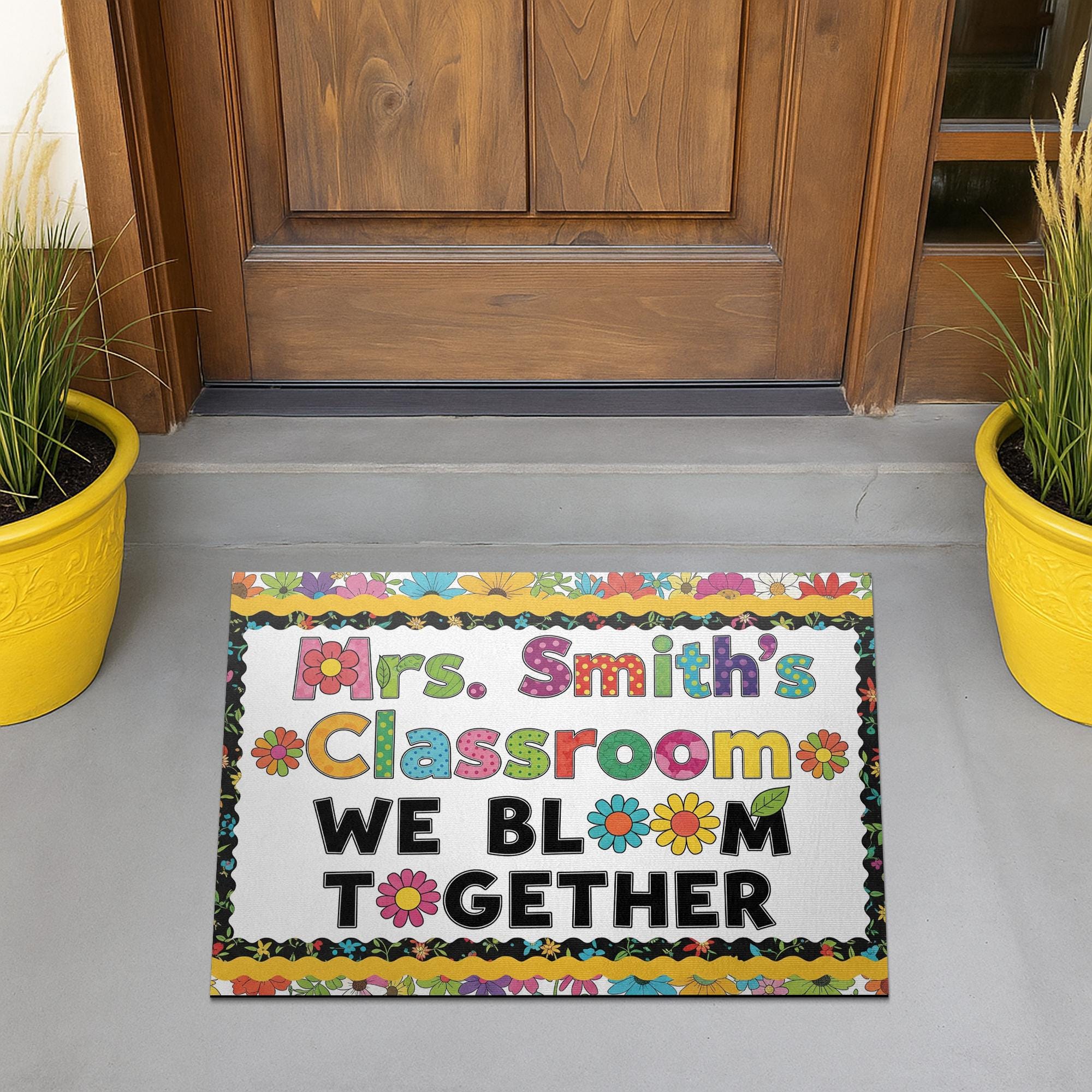 Personalized Classroom Doormat – We Bloom Together Floral Rug for Teachers – Custom Name Welcome Mat for School or Door Decor, Kindergarten