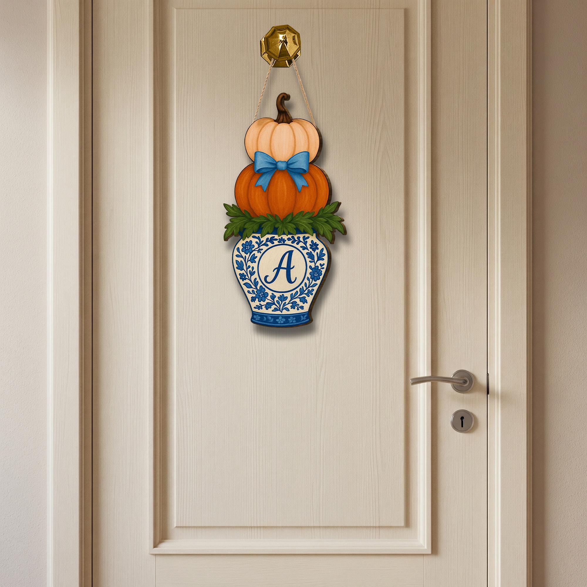 Fall Door Hanger, Chinoiserie Pumpkin Sign, Personalized Front Door Decor, Monogram Autumn Sign, Blue and Orange Pumpkin Wall Art