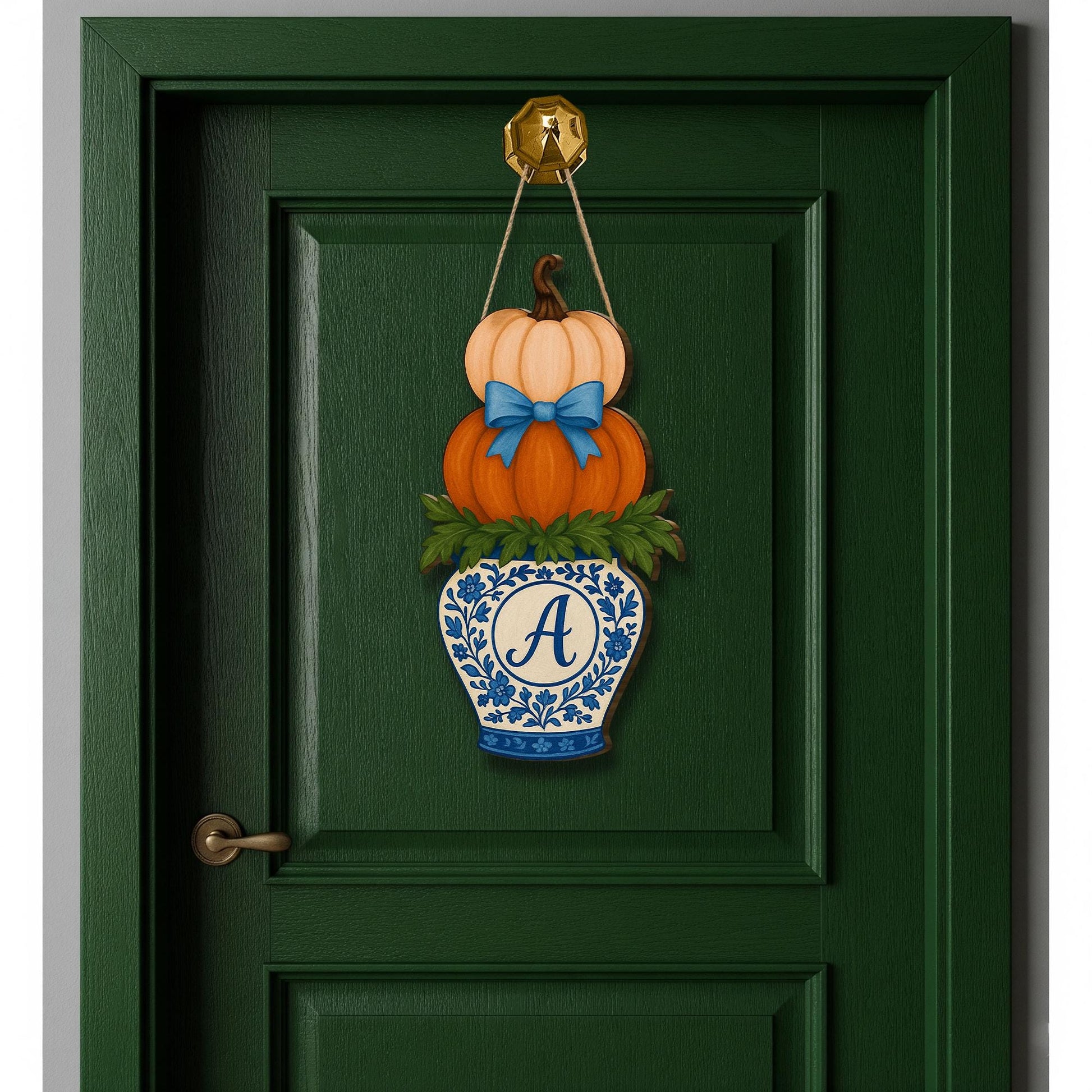 Fall Door Hanger, Chinoiserie Pumpkin Sign, Personalized Front Door Decor, Monogram Autumn Sign, Blue and Orange Pumpkin Wall Art