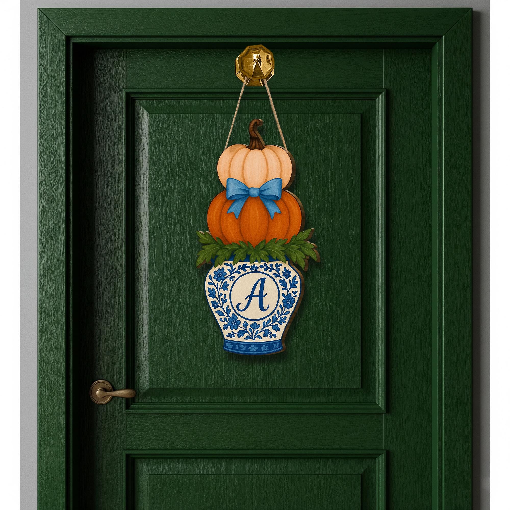 Fall Door Hanger, Chinoiserie Pumpkin Sign, Personalized Front Door Decor, Monogram Autumn Sign, Blue and Orange Pumpkin Wall Art