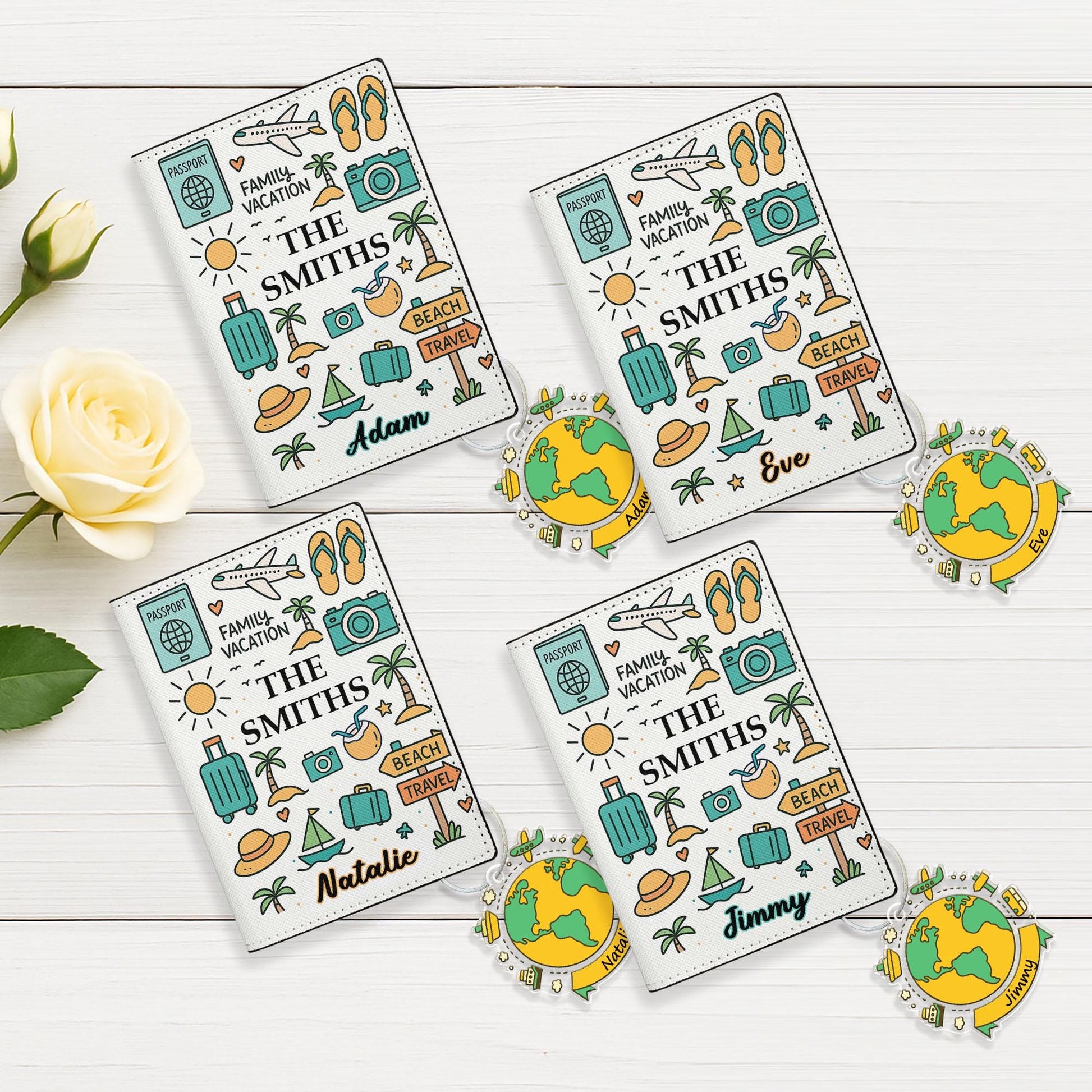 Custom Family Passport Wallet & Tag Set, Personalized Travel Gift with Name, Vacation Leather Cover, Globe Acrylic Luggage Tag, Travel Gifts