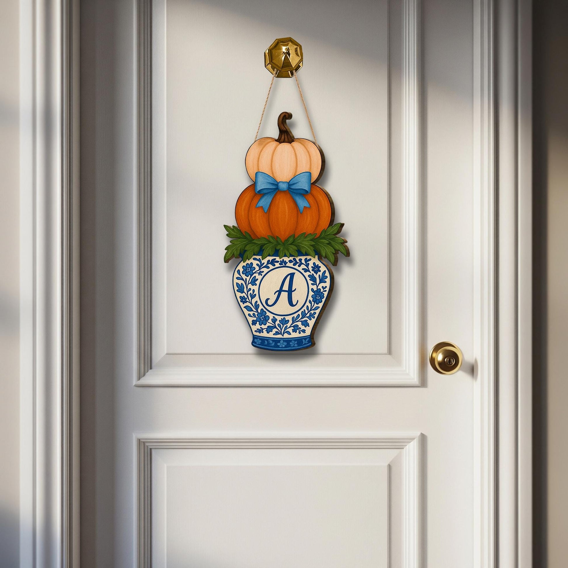 Fall Door Hanger, Chinoiserie Pumpkin Sign, Personalized Front Door Decor, Monogram Autumn Sign, Blue and Orange Pumpkin Wall Art