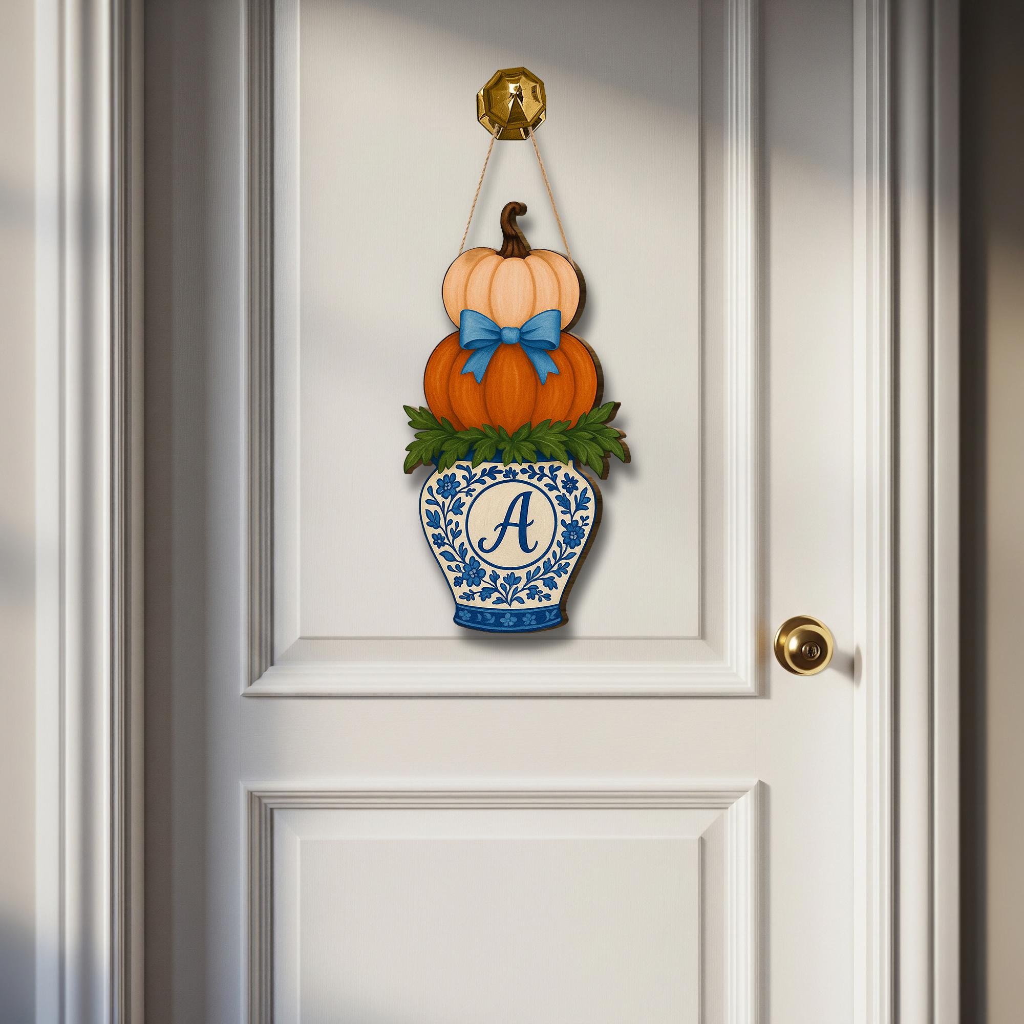 Fall Door Hanger, Chinoiserie Pumpkin Sign, Personalized Front Door Decor, Monogram Autumn Sign, Blue and Orange Pumpkin Wall Art