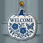 Welcome Fall Sign, Chinoiserie Pumpkin Door Decor, Blue and White Wood Sign, Floral Autumn Wall Art, Cottagecore Front Porch Hanger