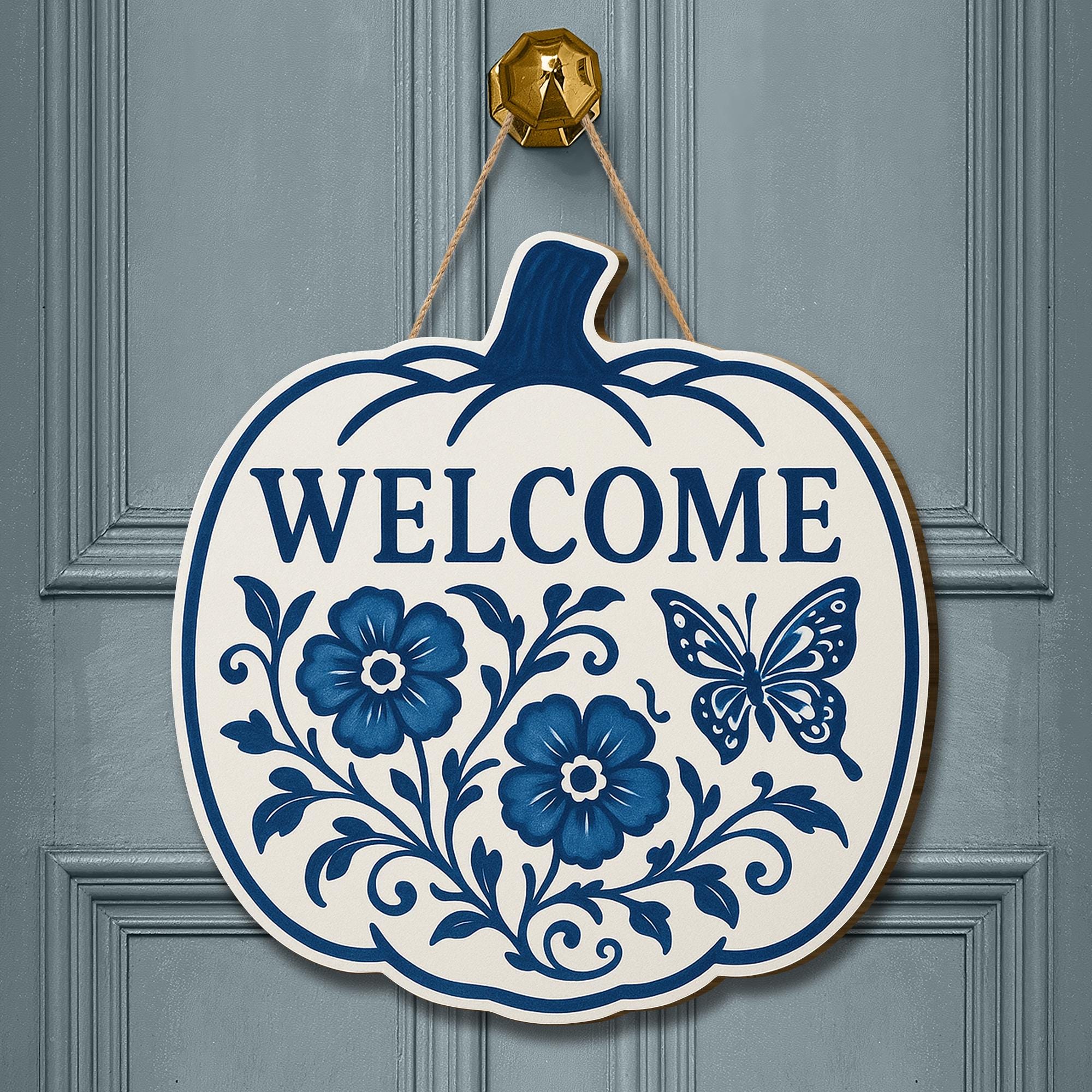 Welcome Fall Sign, Chinoiserie Pumpkin Door Decor, Blue and White Wood Sign, Floral Autumn Wall Art, Cottagecore Front Porch Hanger